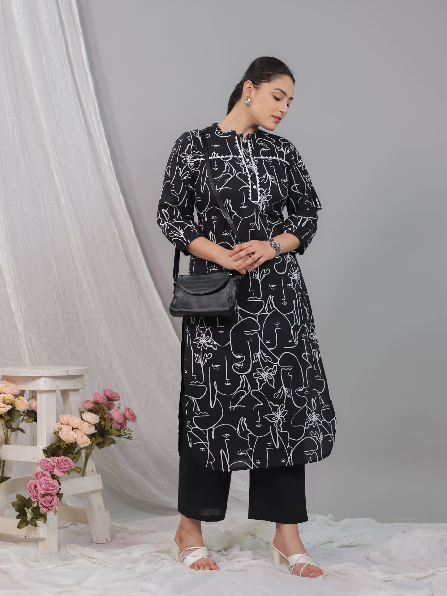 Soft Cotton Abstract Straight Black Kurta
