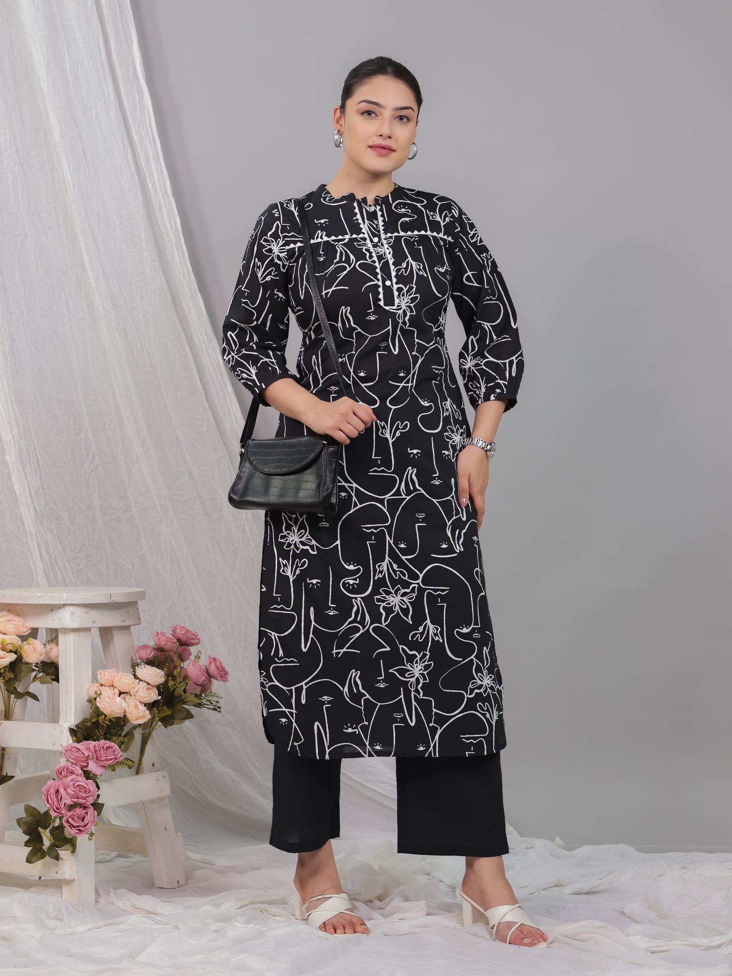 Soft Cotton Abstract Straight Black Kurta