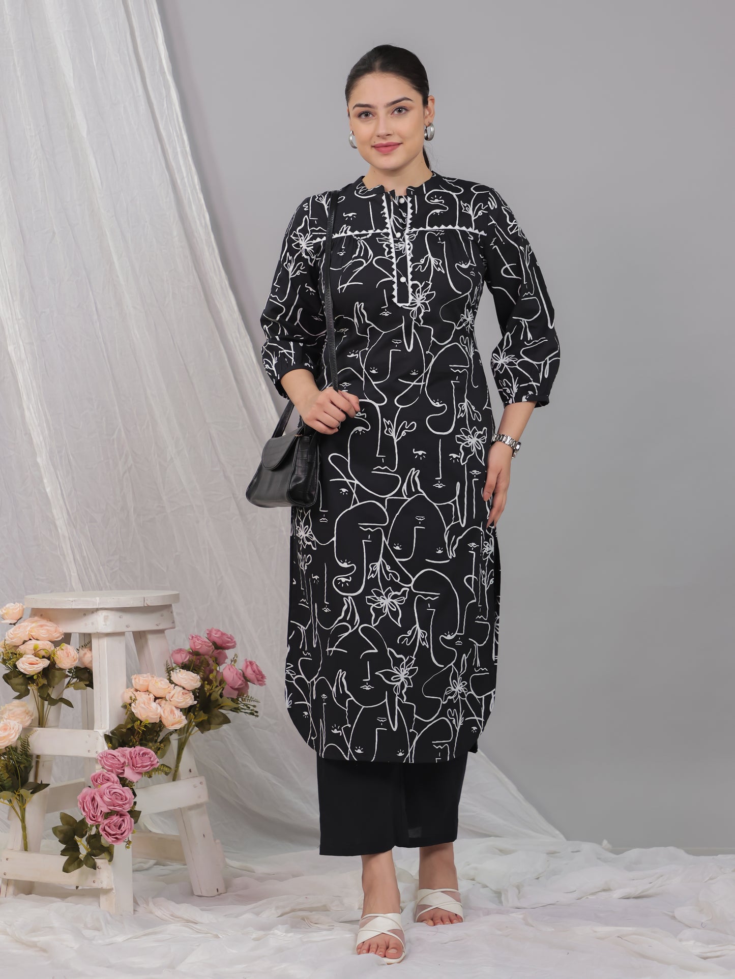 Soft Cotton Abstract Straight Black Kurta