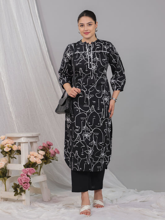 Soft Cotton Abstract Straight Black Kurta