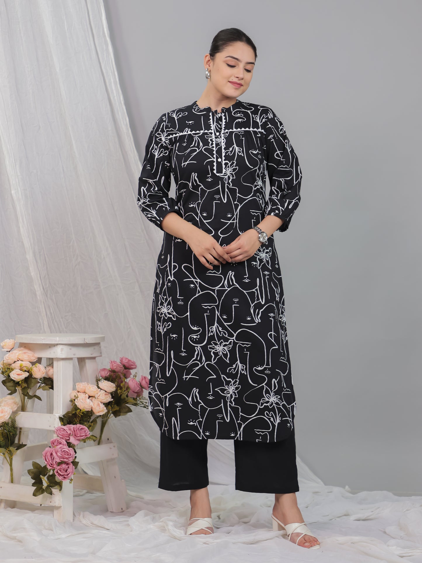 Soft Cotton Abstract Straight Black Kurta