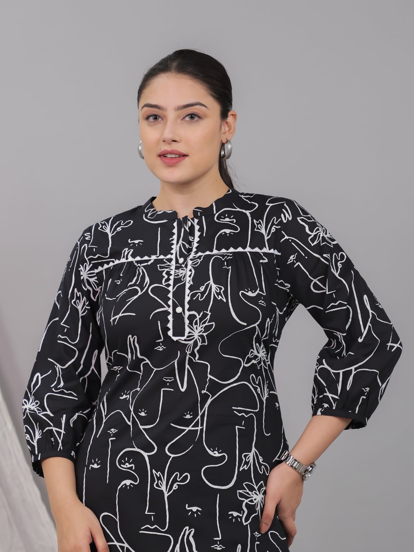Soft Cotton Abstract Straight Black Kurta