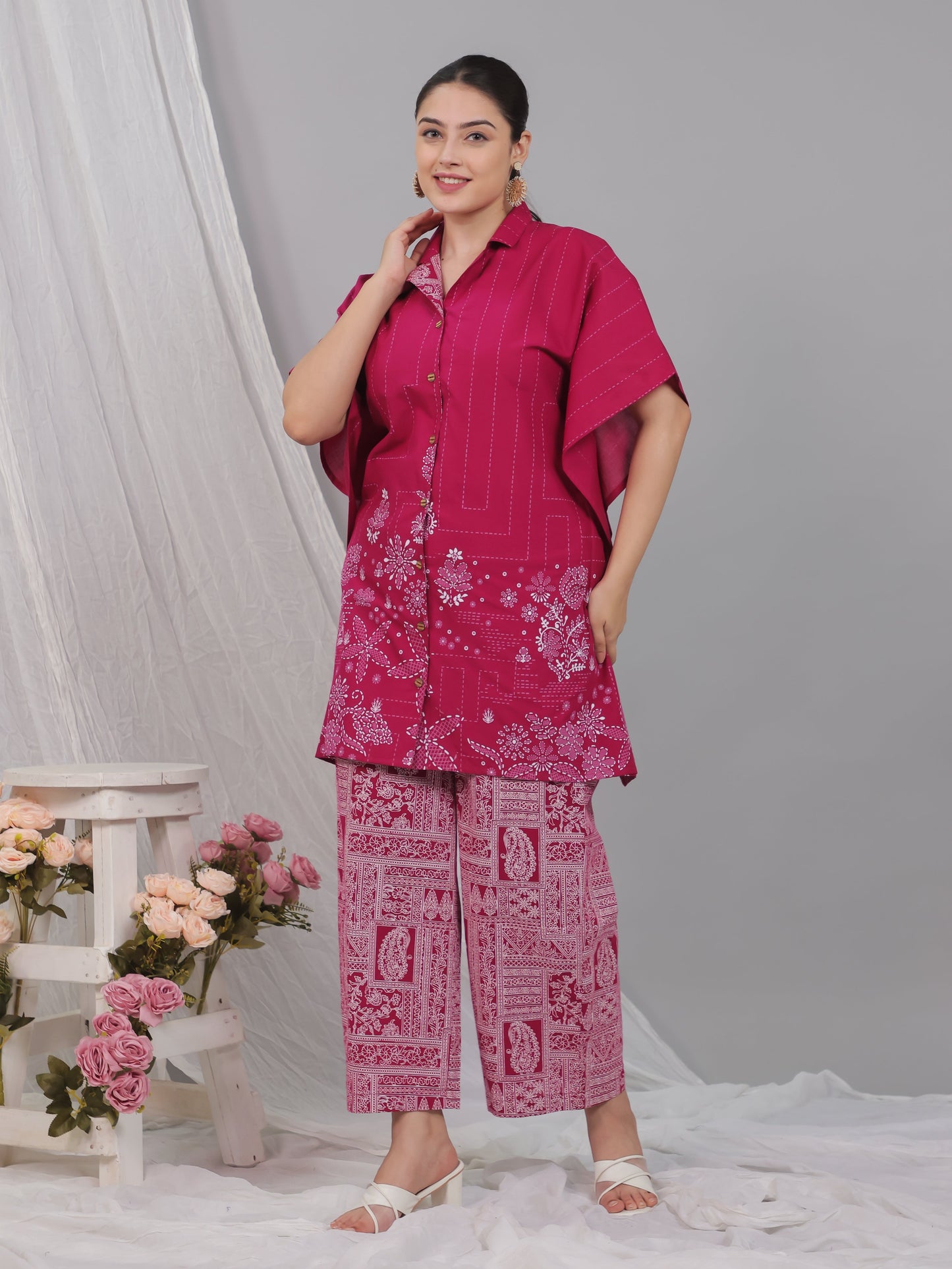 Soft Cotton Placement Print Kaftan Pink Kurta