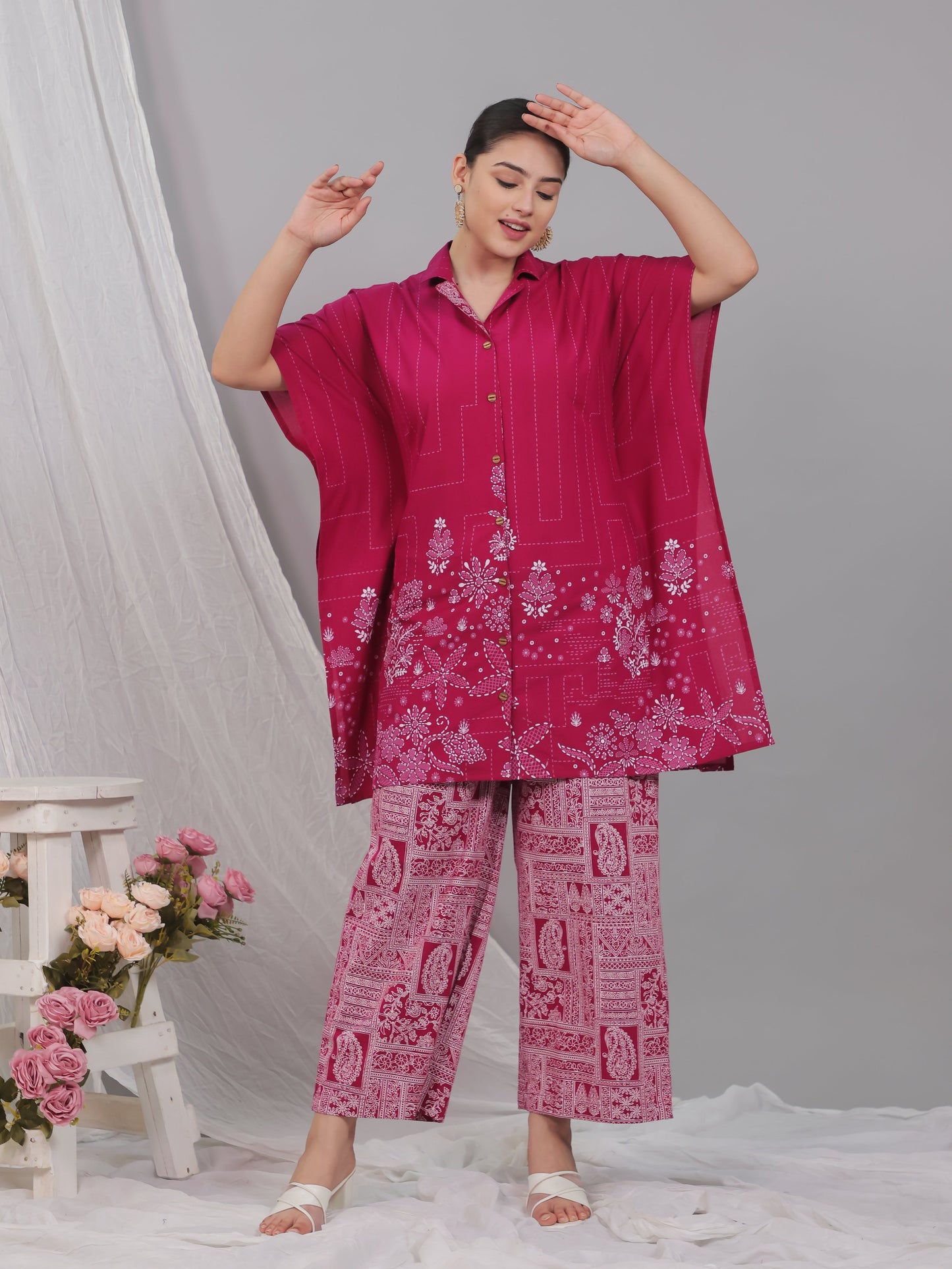 Soft Cotton Placement Print Kaftan Pink Kurta