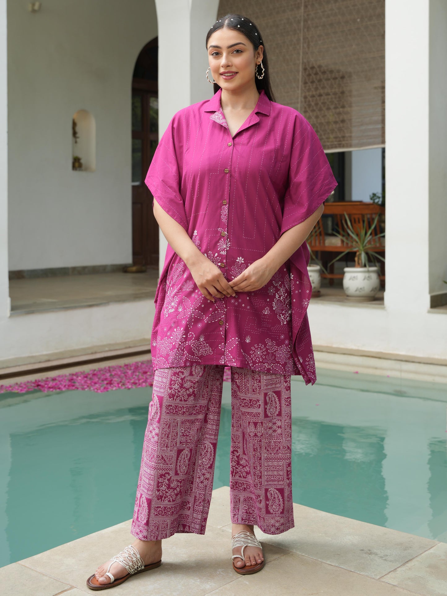 Soft Cotton Placement Print Kaftan Pink Kurta