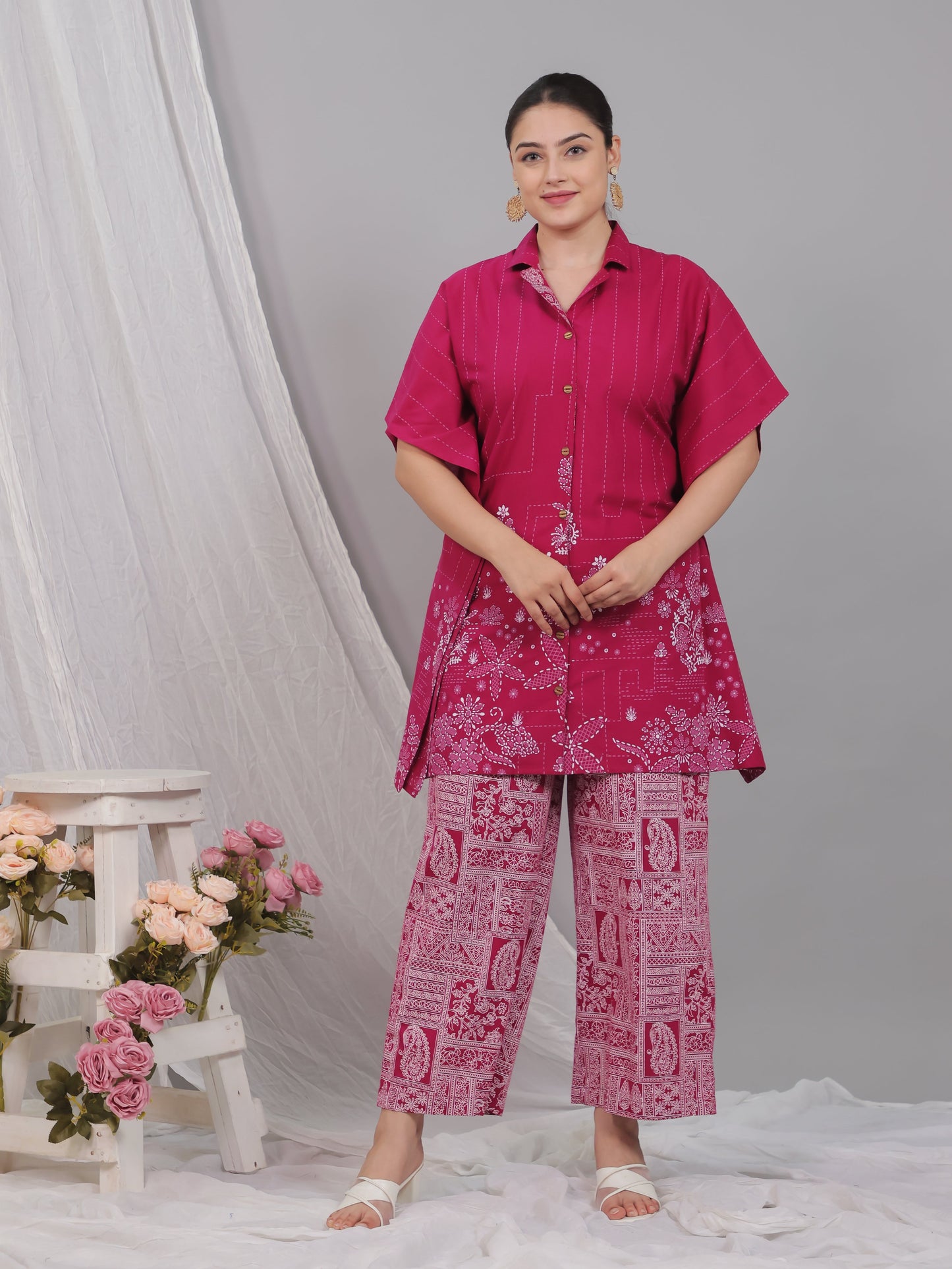 Soft Cotton Placement Print Kaftan Pink Kurta