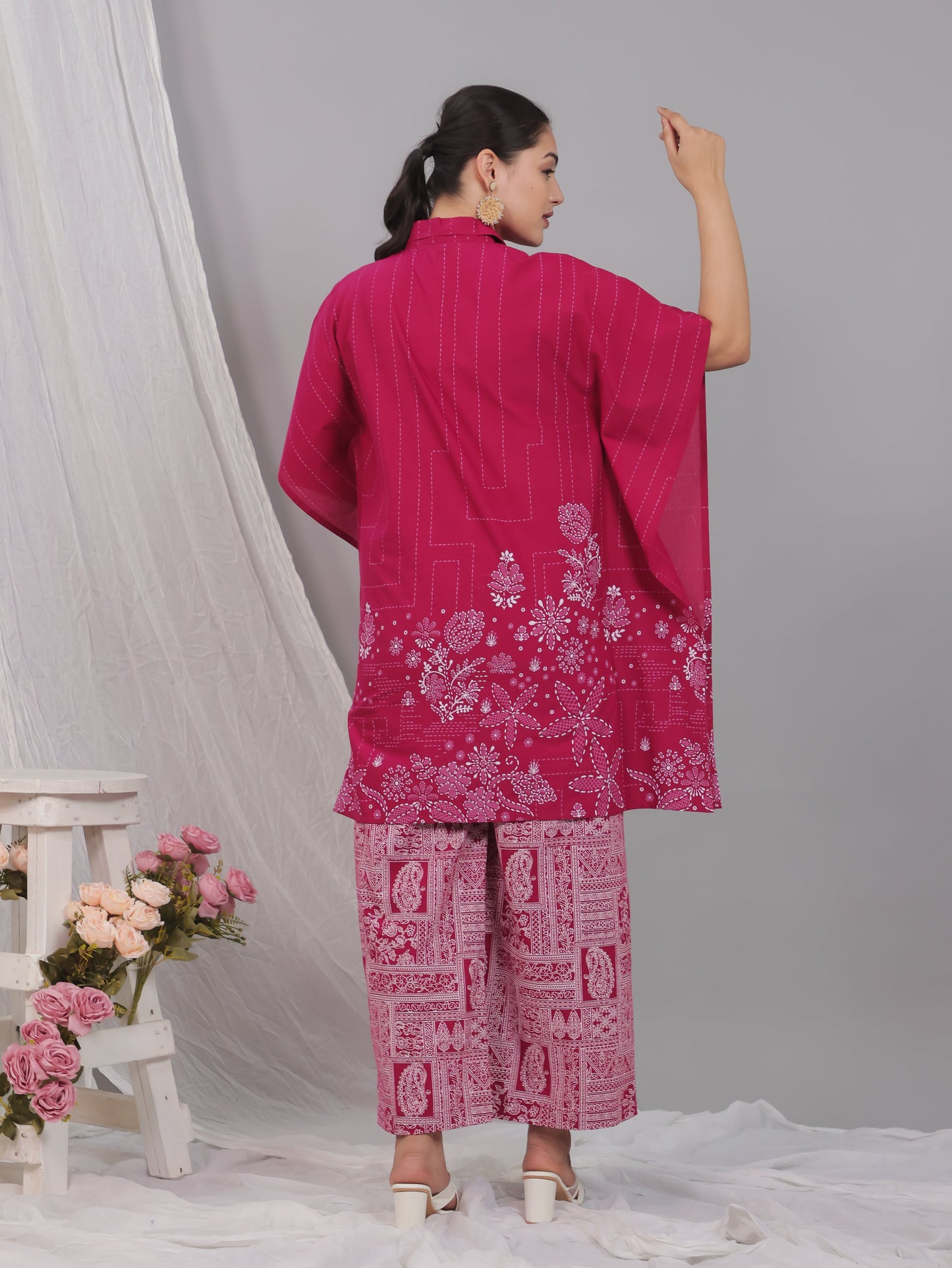 Soft Cotton Placement Print Kaftan Pink Kurta