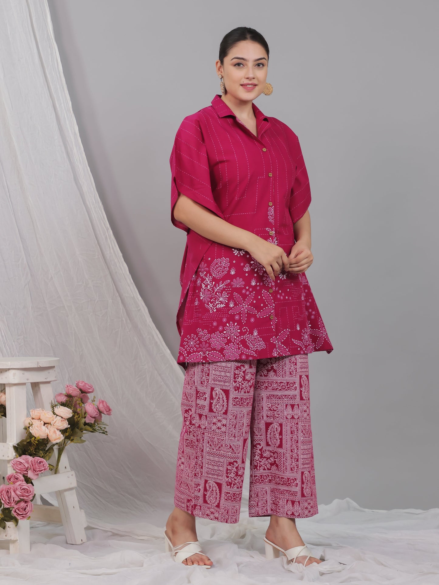 Soft Cotton Placement Print Kaftan Pink Kurta