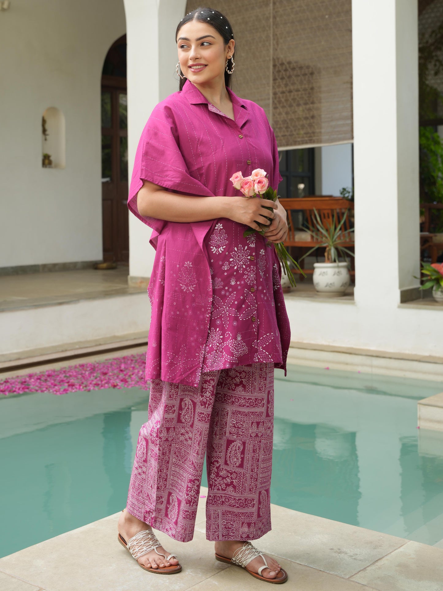 Soft Cotton Placement Print Kaftan Pink Kurta
