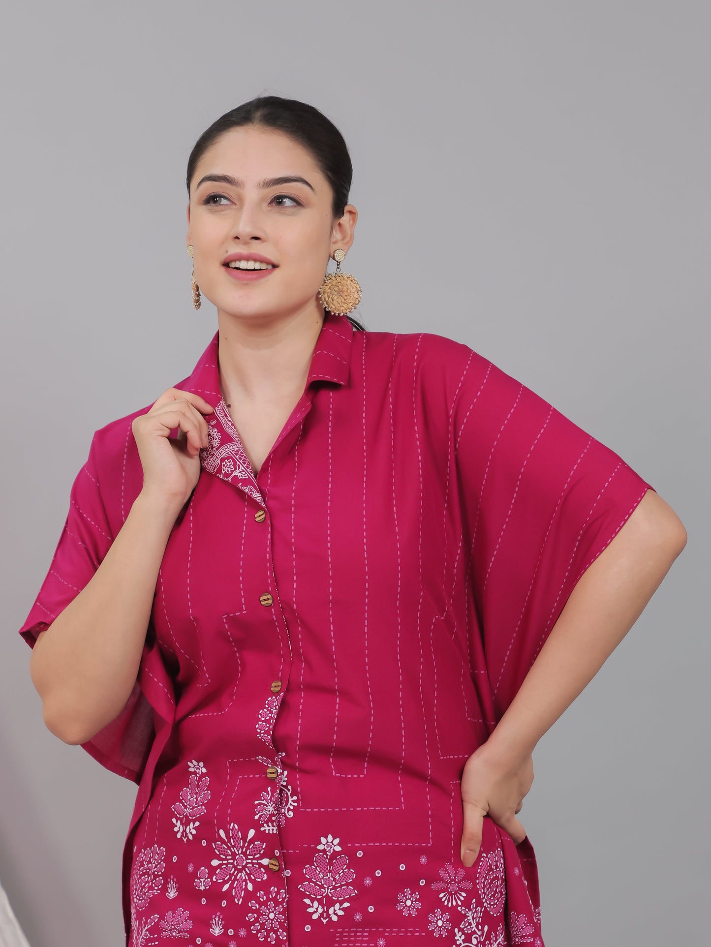Soft Cotton Placement Print Kaftan Pink Kurta