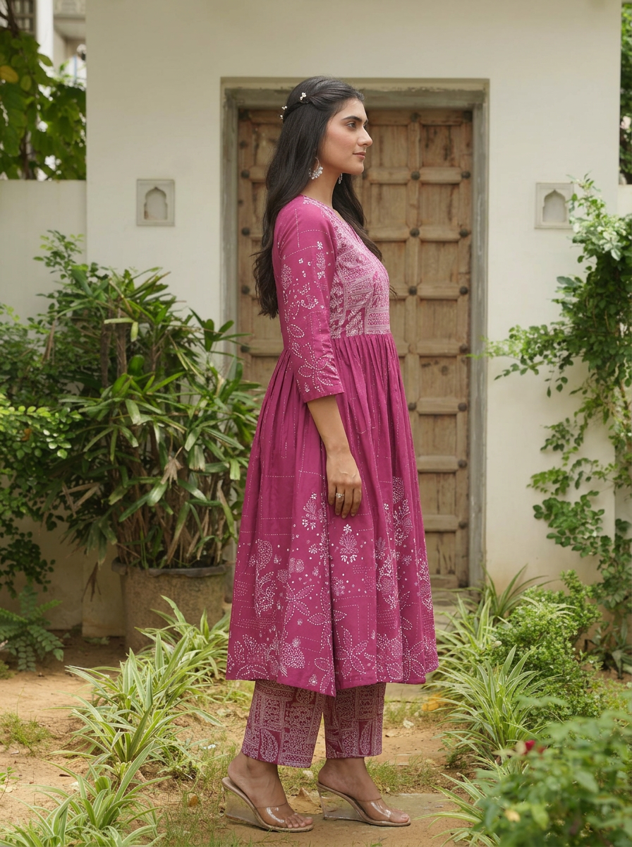 Embroidered Soft Cotton Placement Print Angrakha Purple Kurta