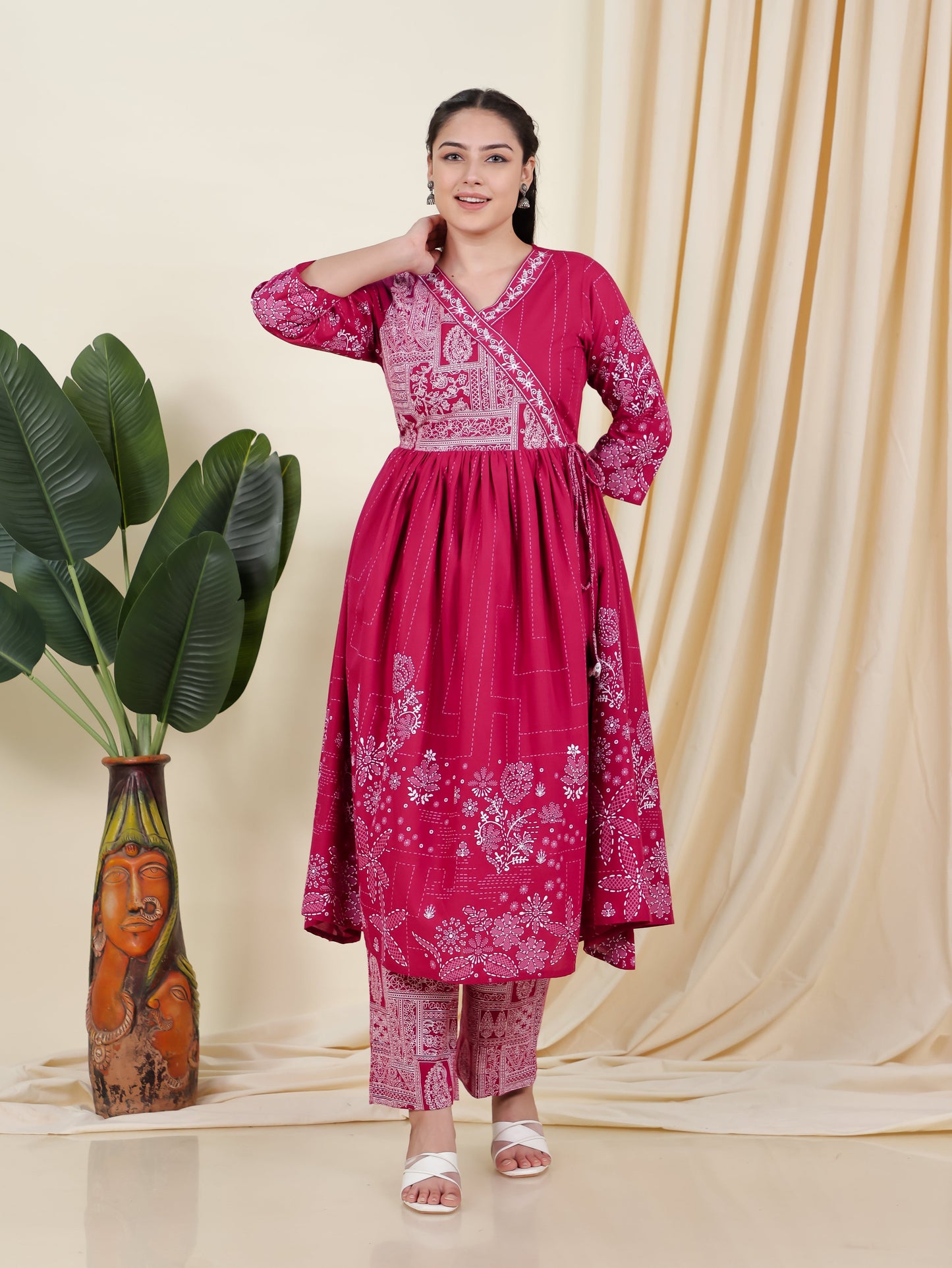 Embroidered Soft Cotton Placement Print Angrakha Purple Kurta