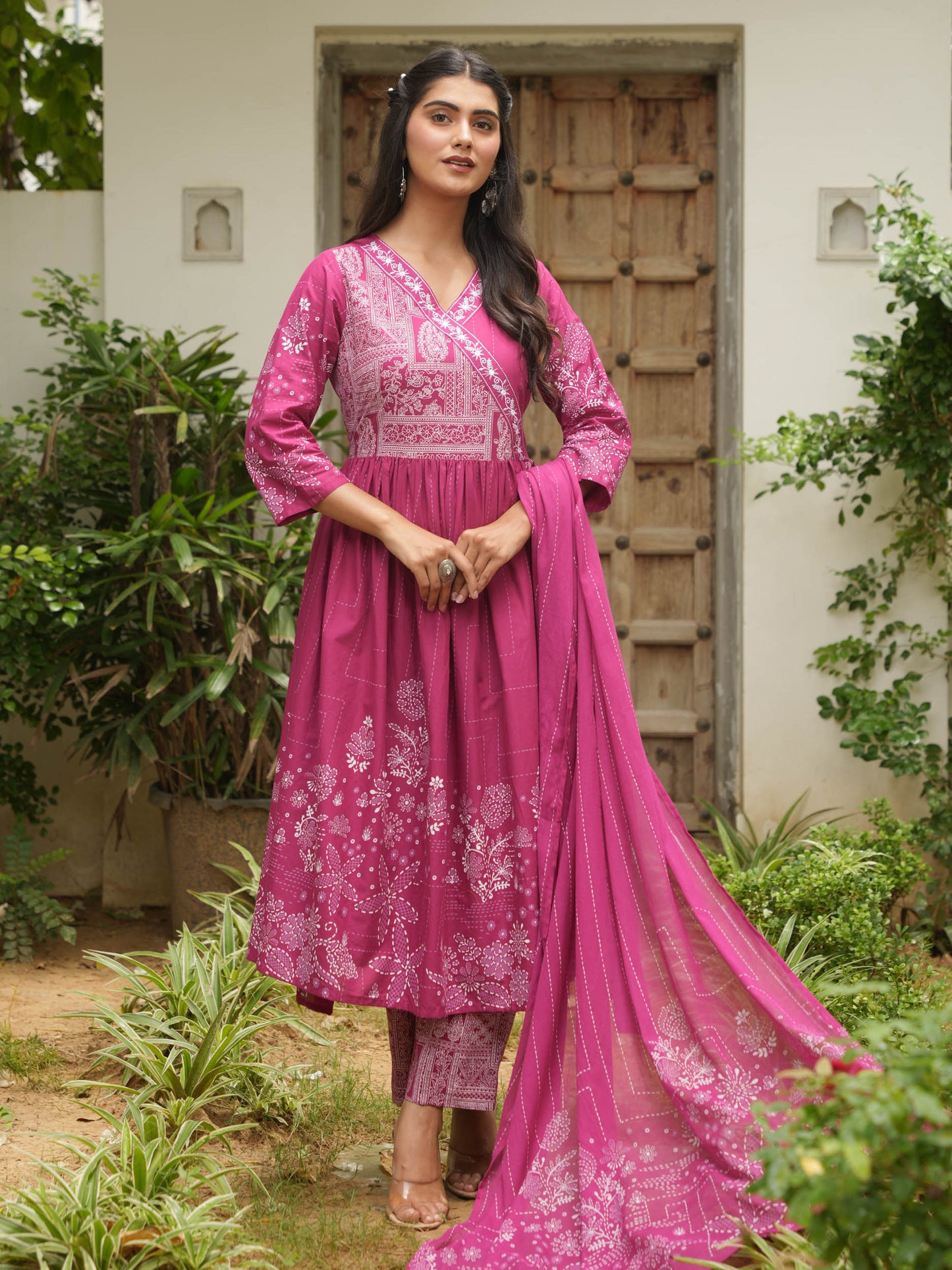 Embroidered Soft Cotton Placement Print Angrakha Purple Kurta
