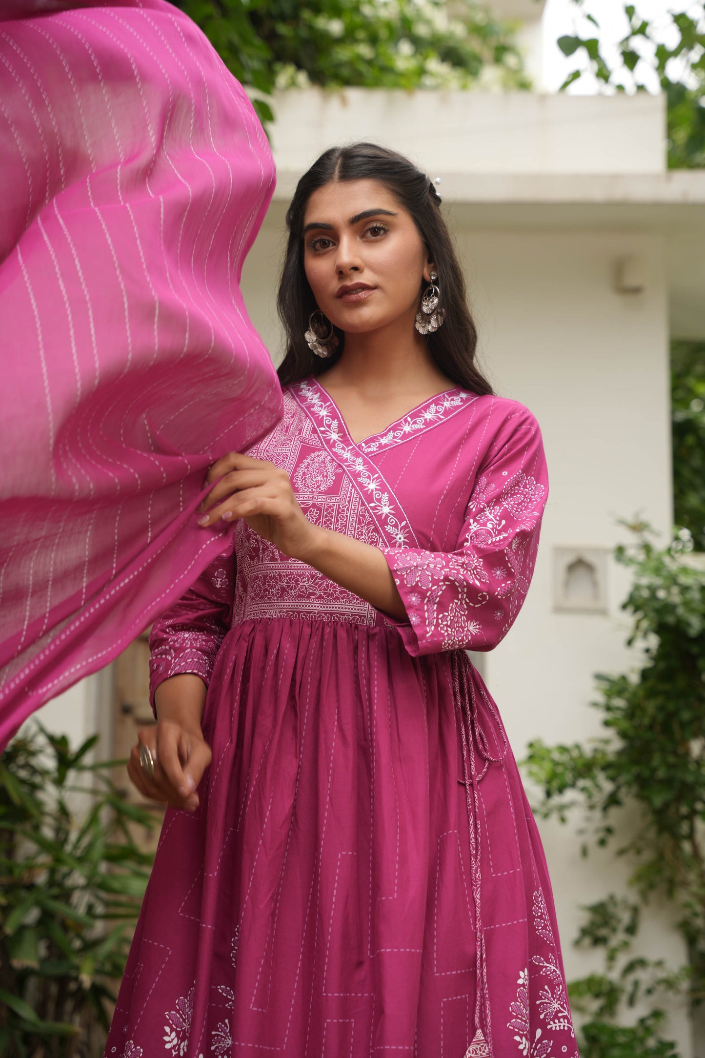 Embroidered Soft Cotton Placement Print Angrakha Purple Kurta