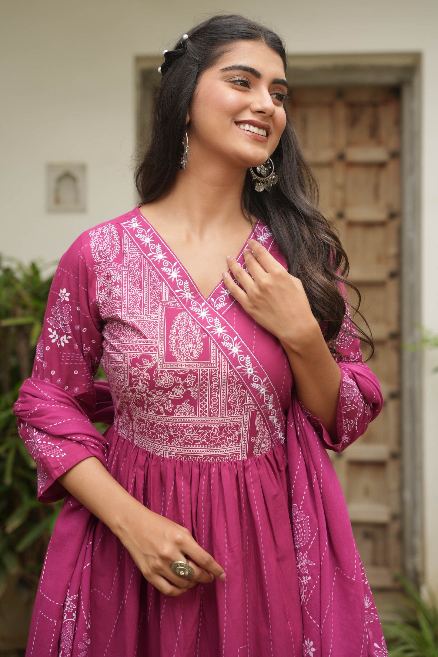 Embroidered Soft Cotton Placement Print Angrakha Purple Kurta