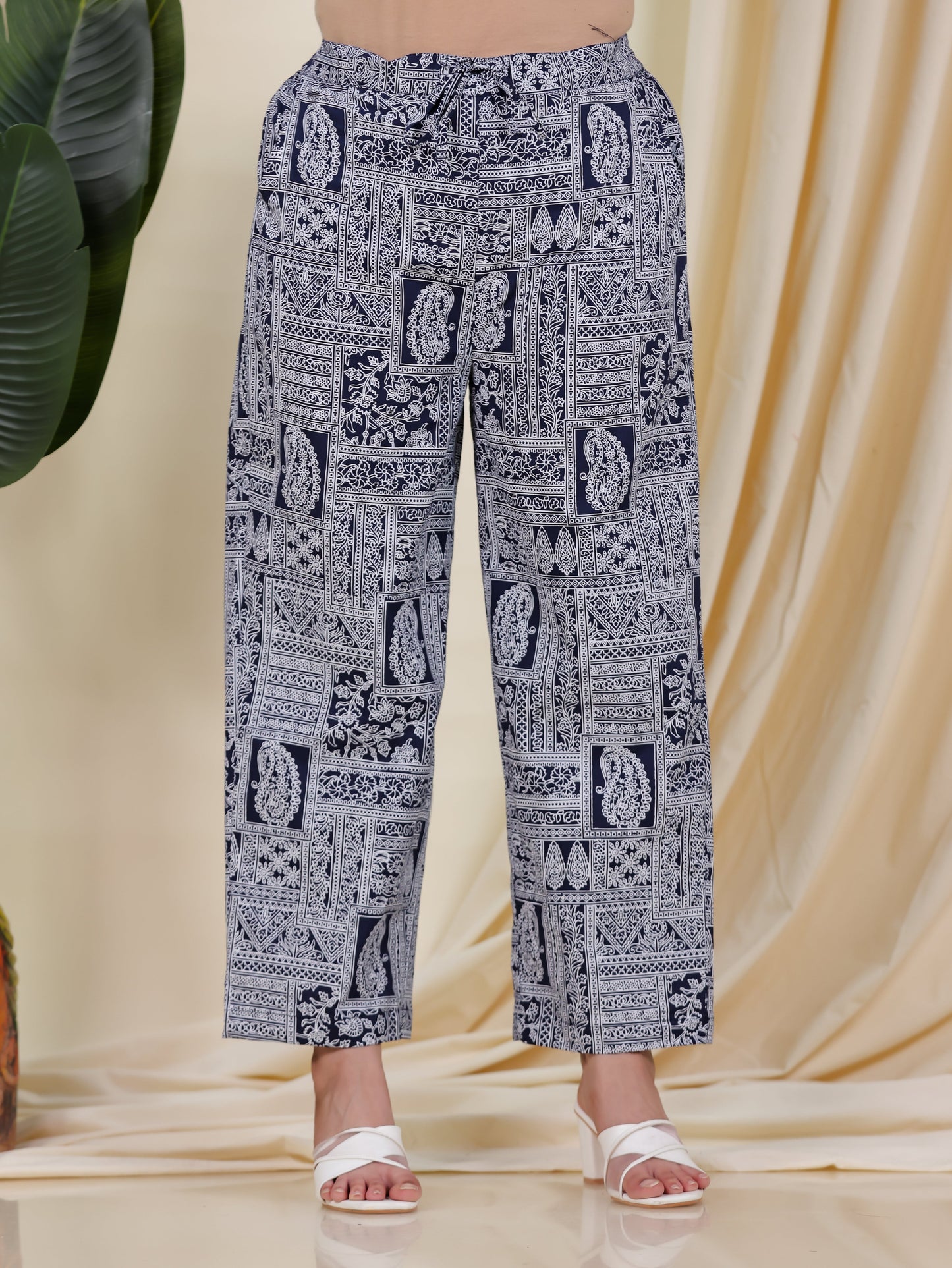 Soft Cotton Placement Print Blue Straight Trousers