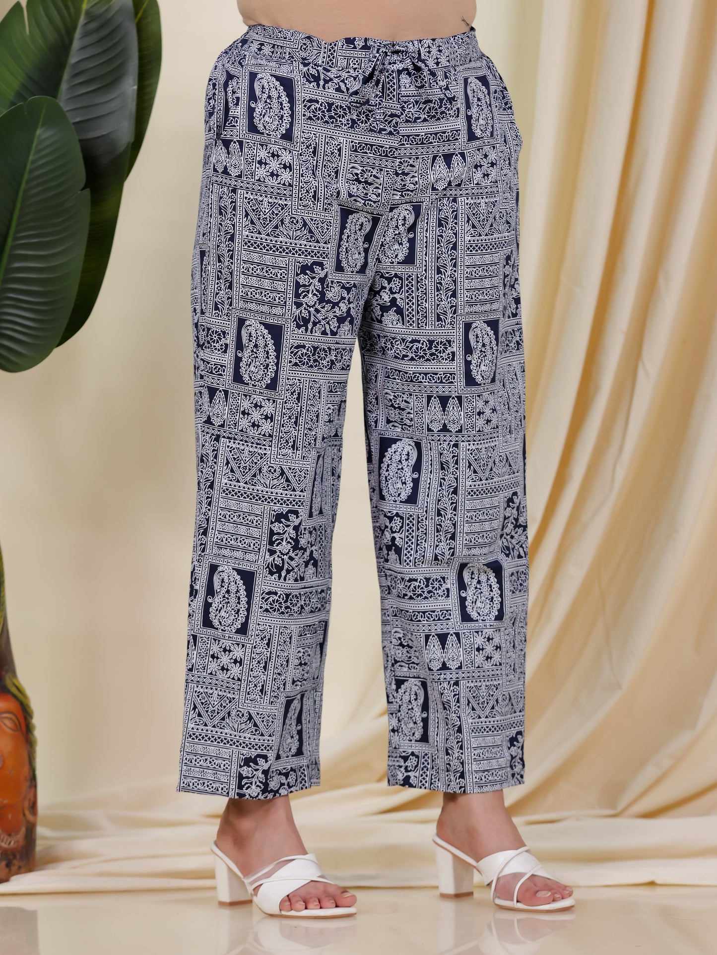 Soft Cotton Placement Print Blue Straight Trousers