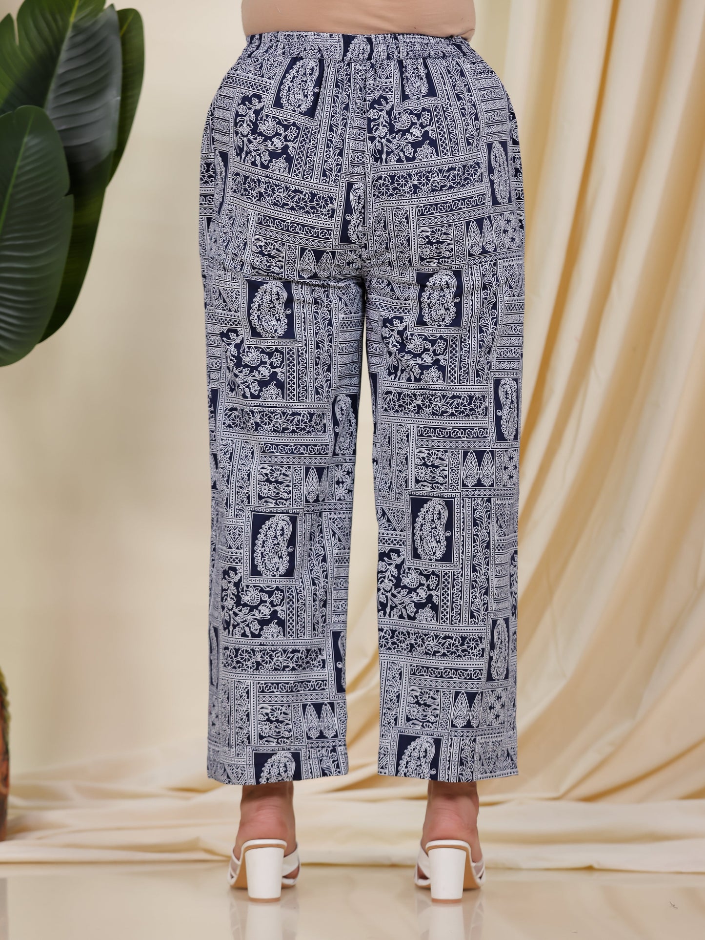 Soft Cotton Placement Print Blue Straight Trousers