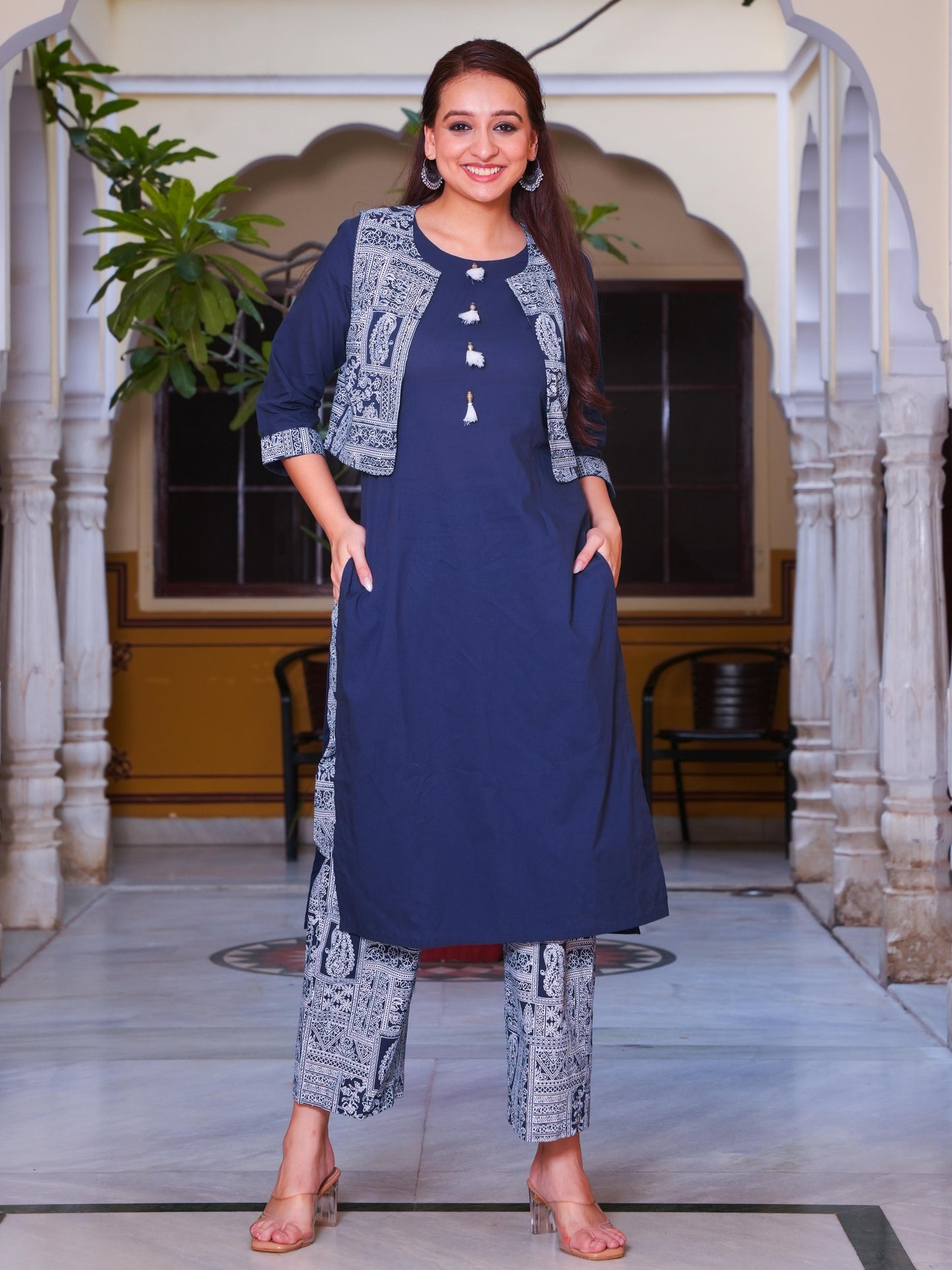Soft Cotton Placement Print Blue Jacket