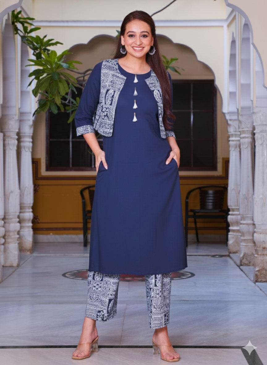 Soft Cotton Solid Straight Blue Kurta
