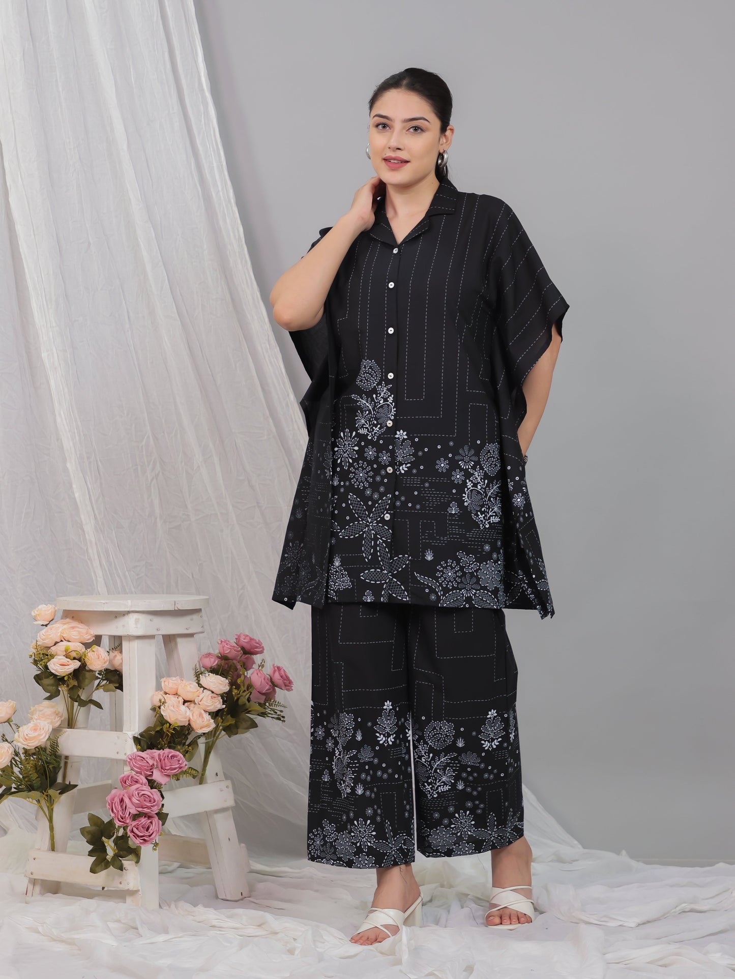 Soft Cotton Placement Print Kaftan Black Kurta