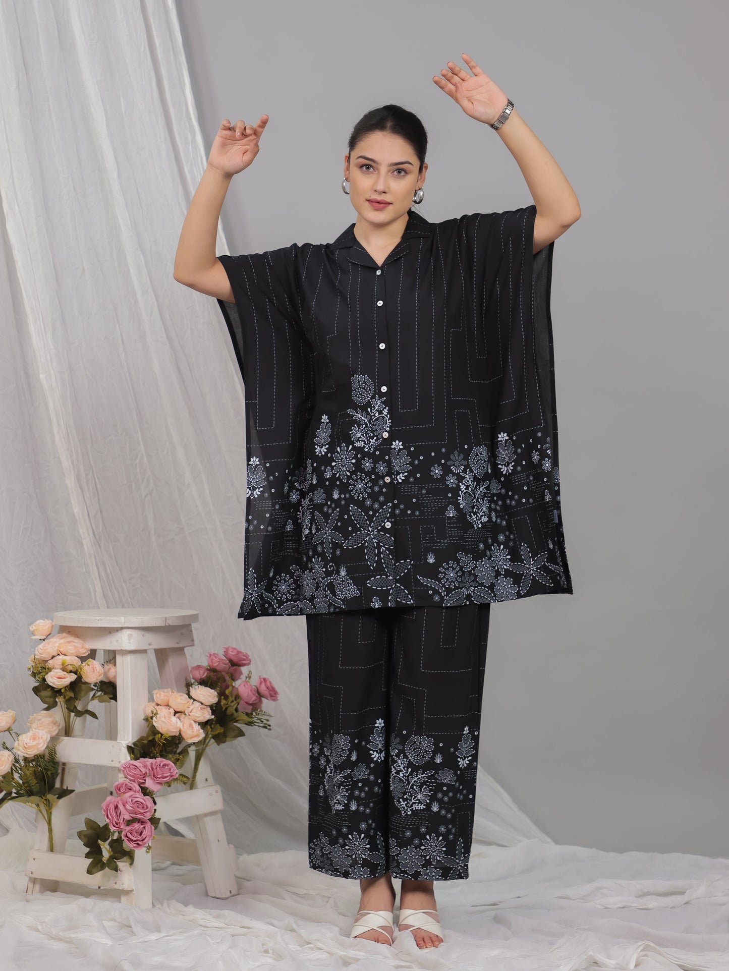 Soft Cotton Placement Print Kaftan Black Kurta