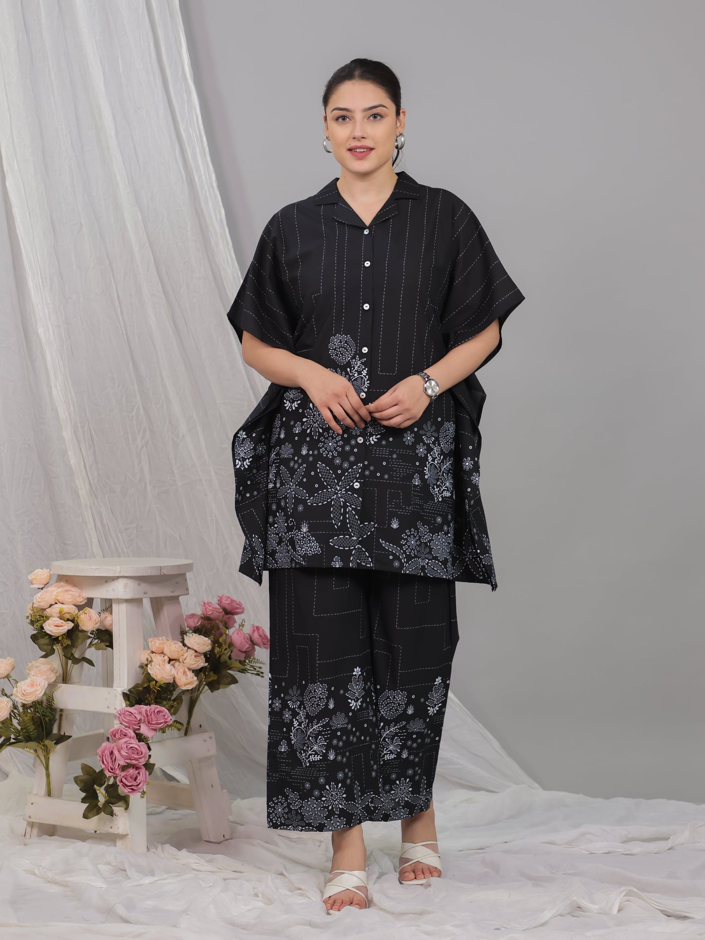 Soft Cotton Placement Print Kaftan Black Kurta