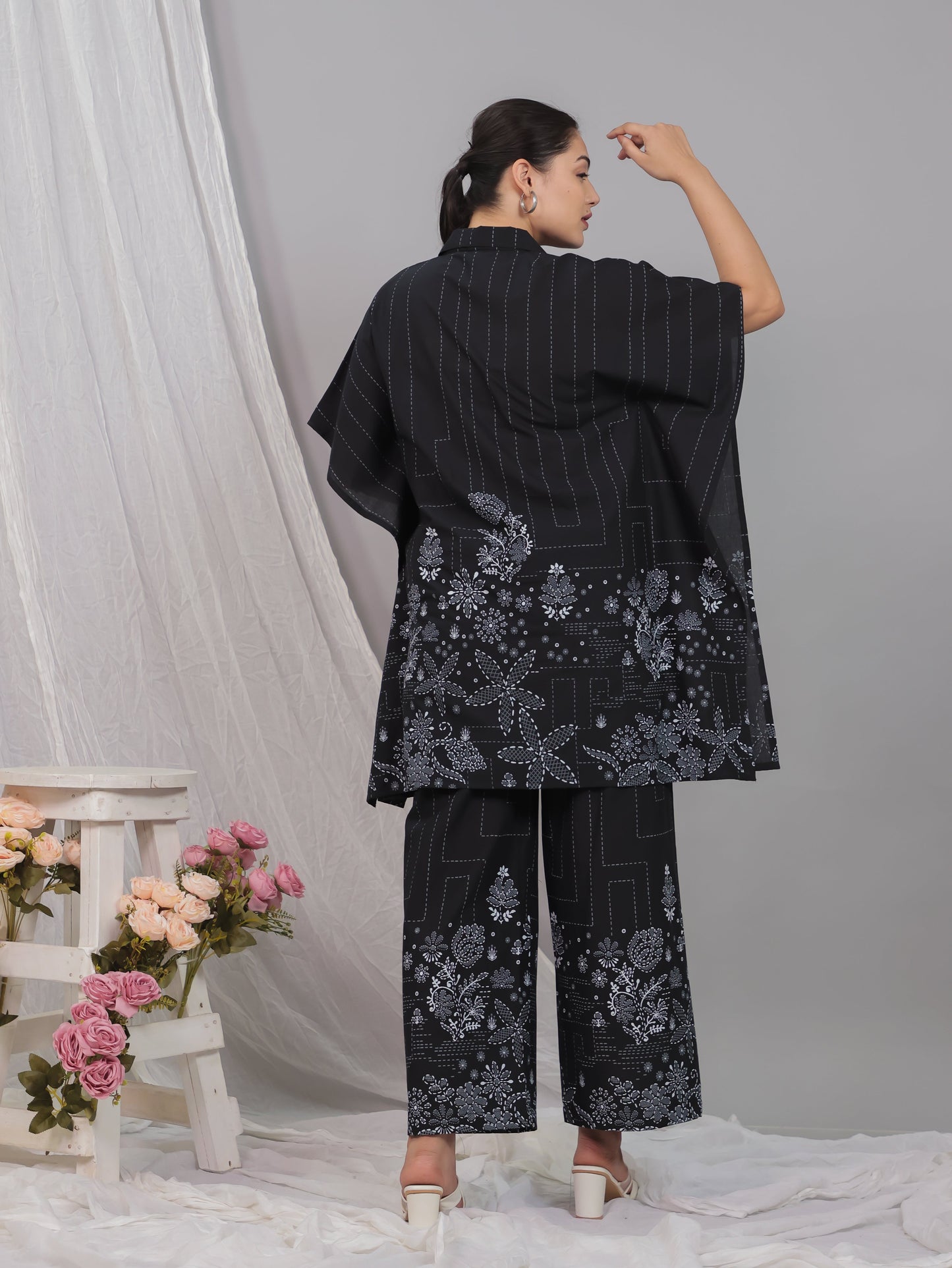 Soft Cotton Placement Print Kaftan Black Kurta