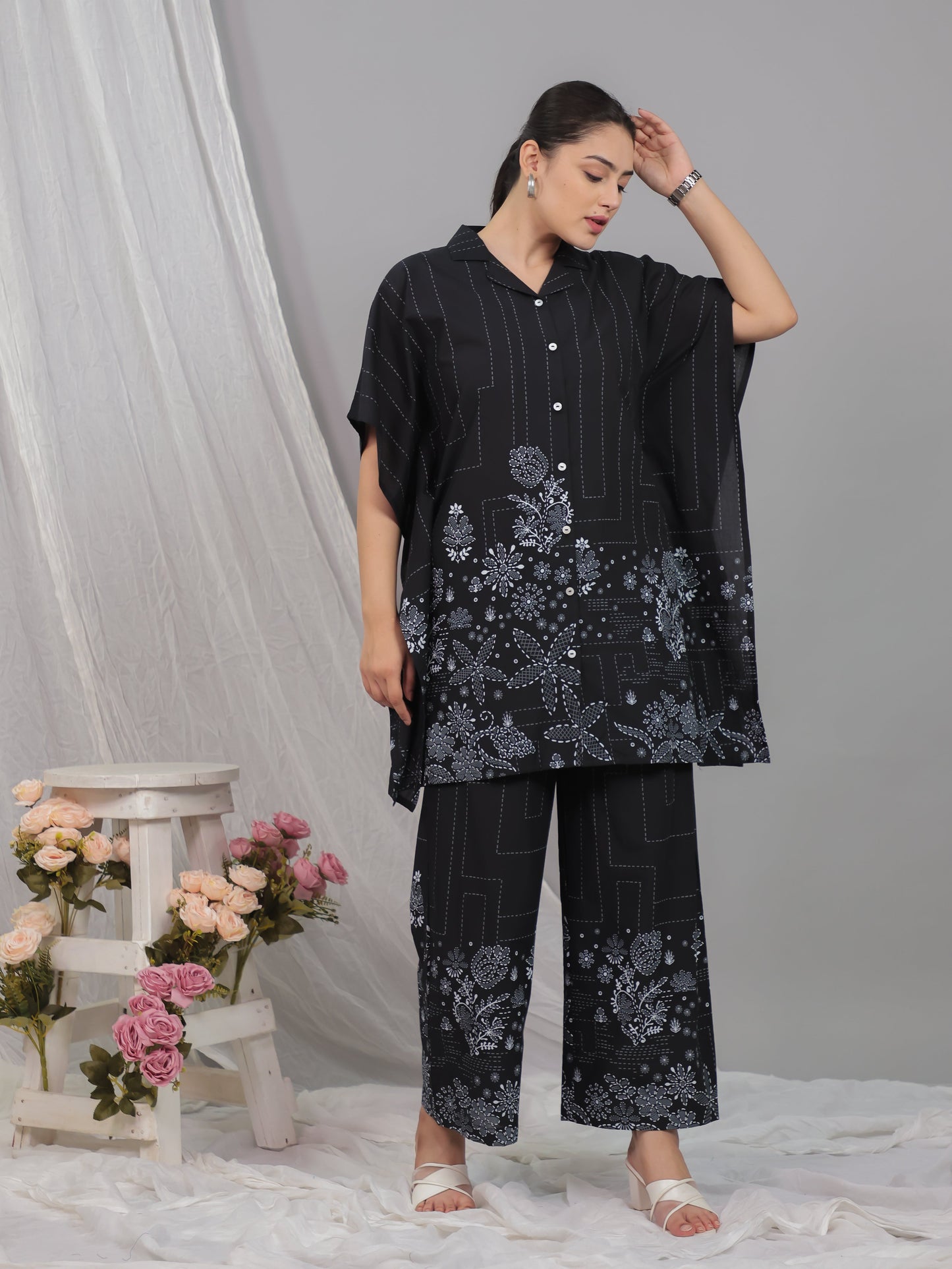 Soft Cotton Placement Print Kaftan Black Kurta