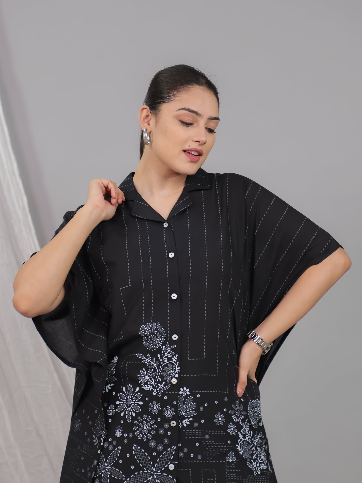 Soft Cotton Placement Print Kaftan Black Kurta