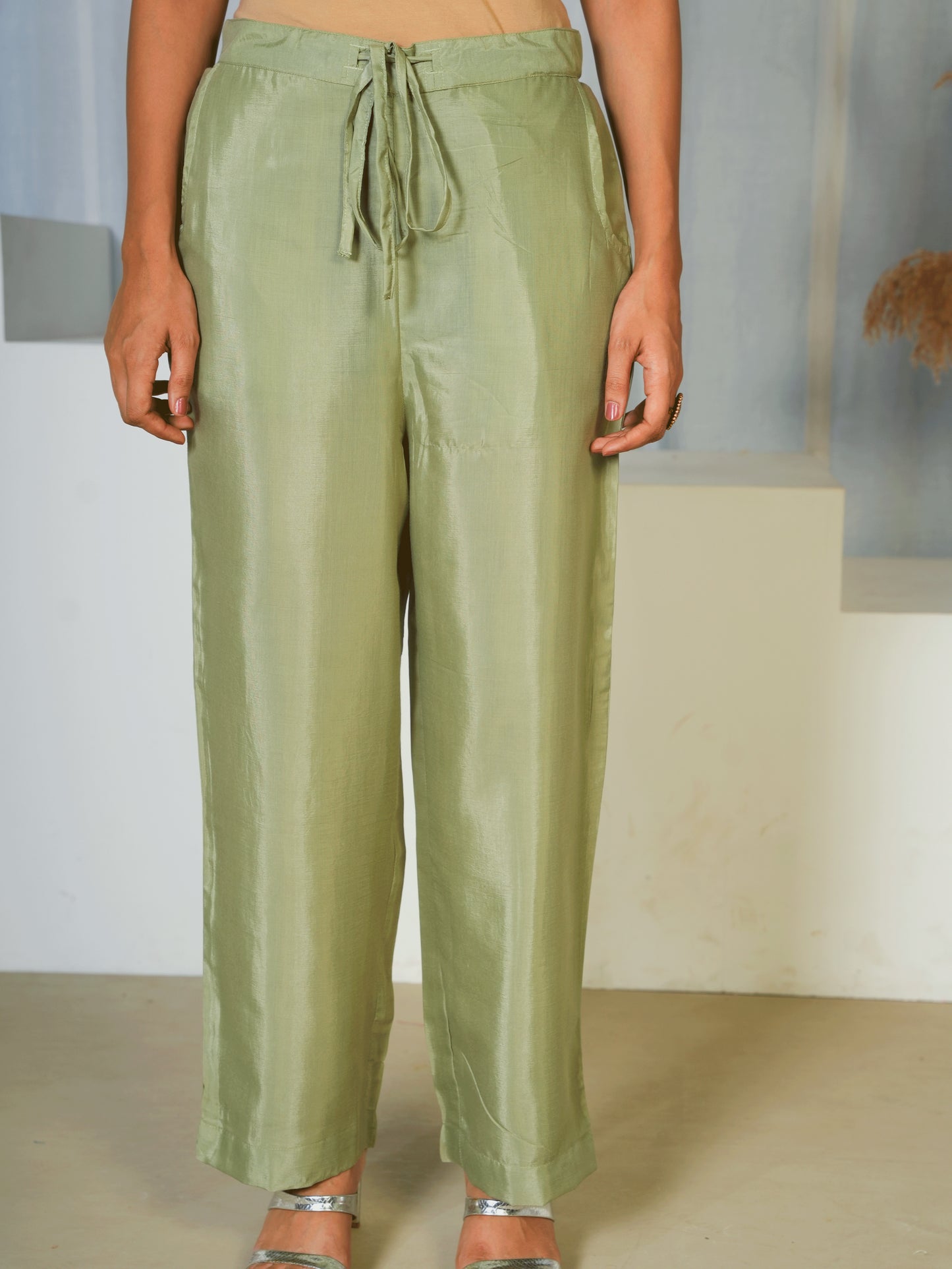 Satin Solid Green Straight Trousers