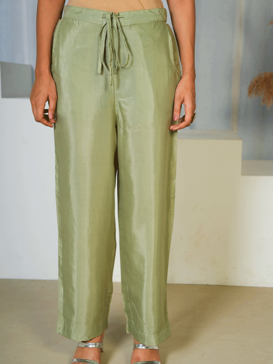 Satin Solid Green Straight Trousers