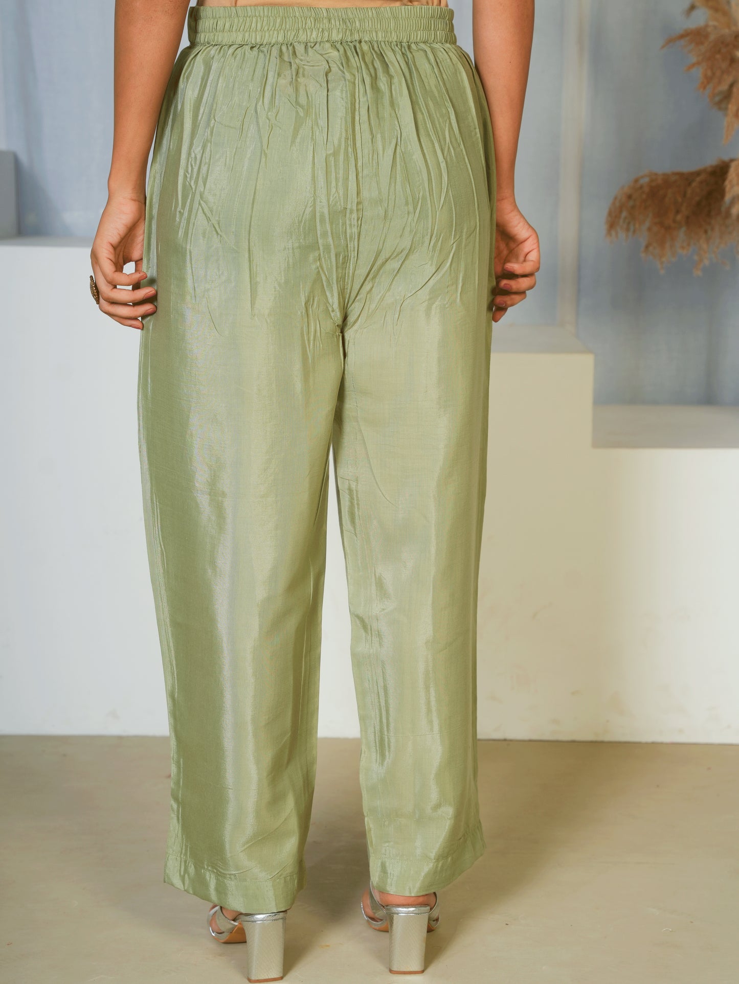 Satin Solid Green Straight Trousers