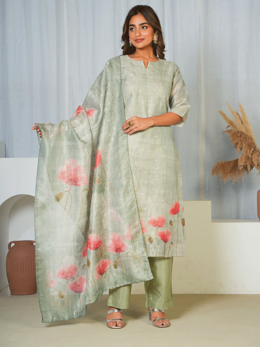 Chanderi Floral Green Dupatta