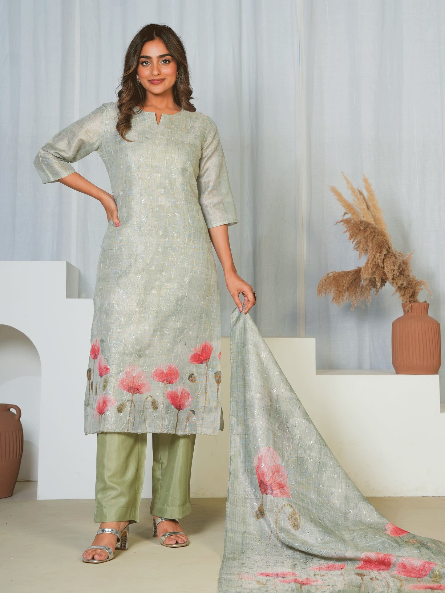 Chanderi Floral Green Dupatta