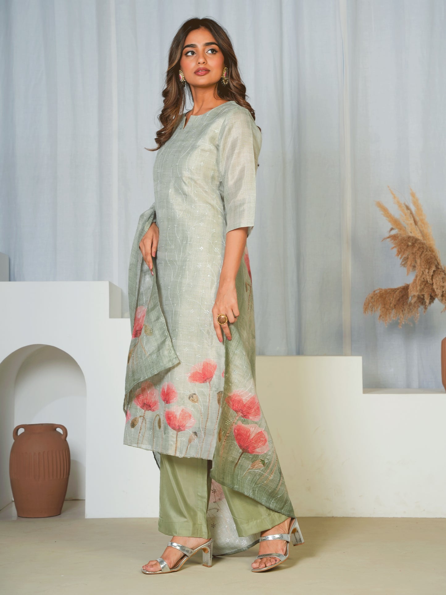 Chanderi Floral Green Dupatta