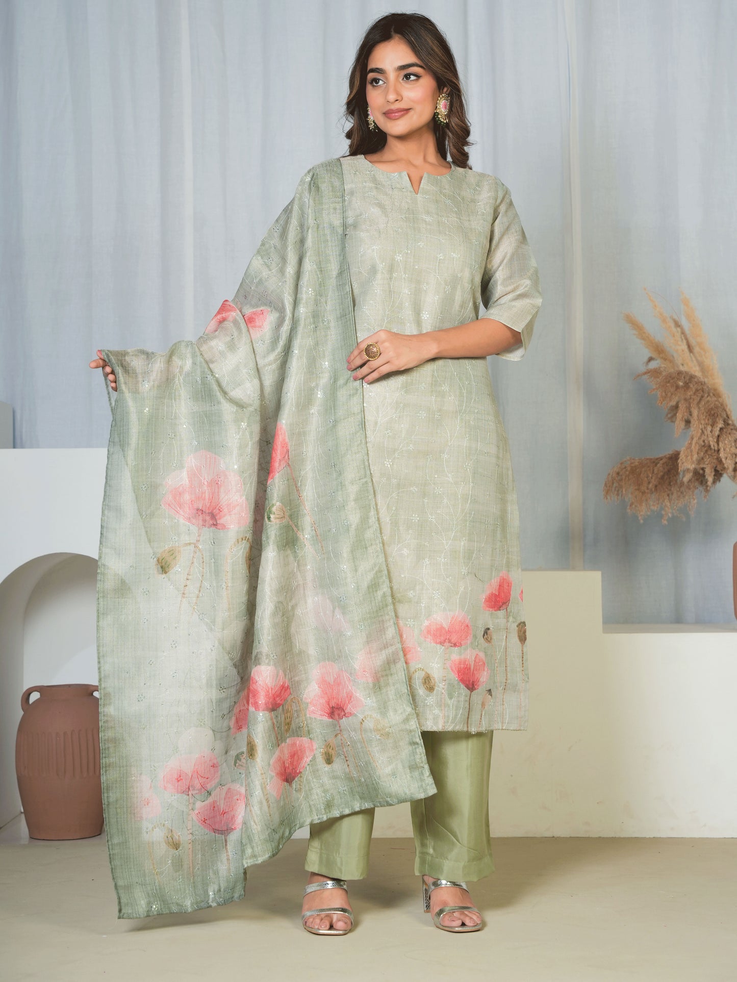 Chanderi Floral Straight Green Kurta