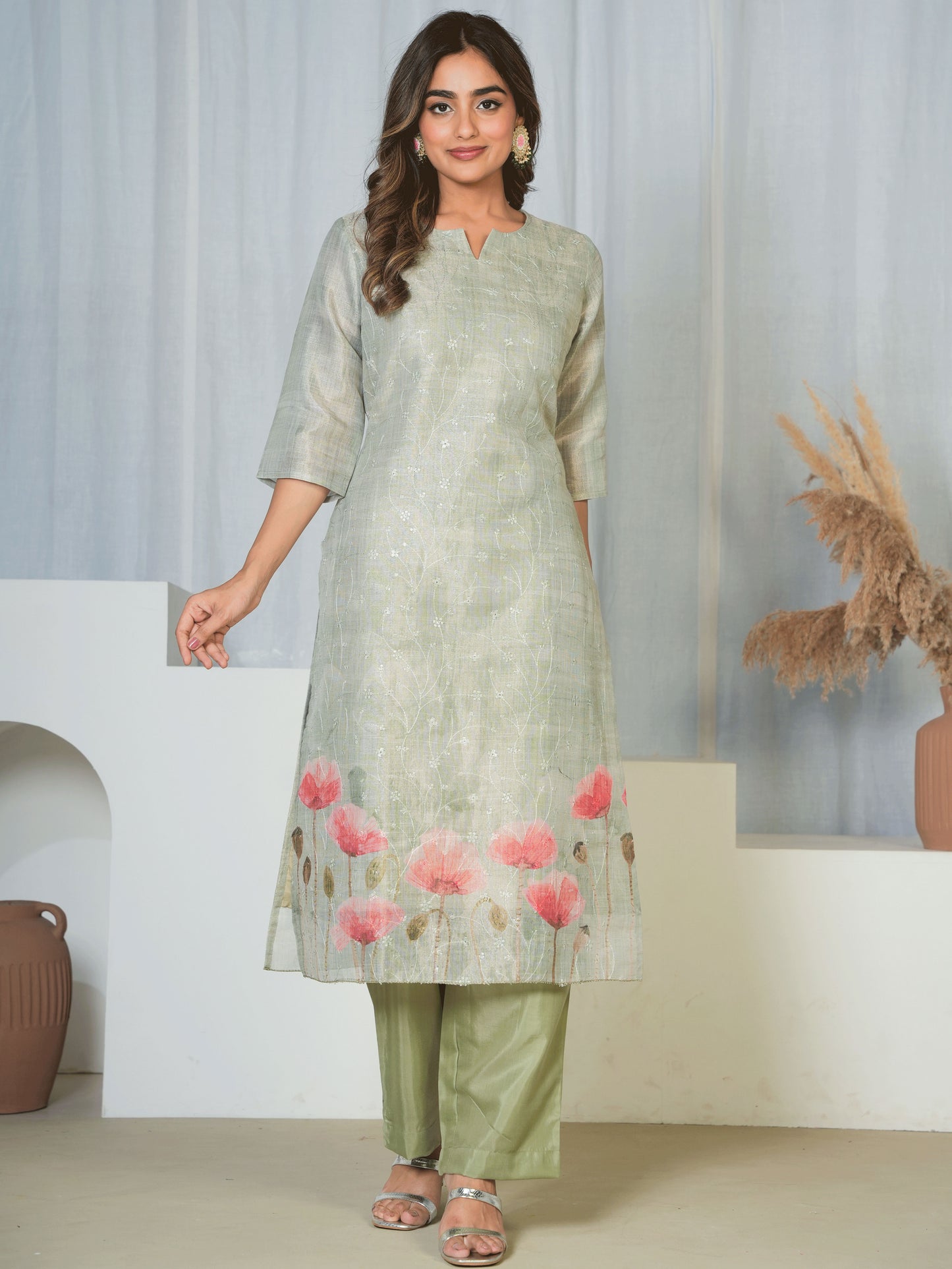 Chanderi Floral Straight Green Kurta