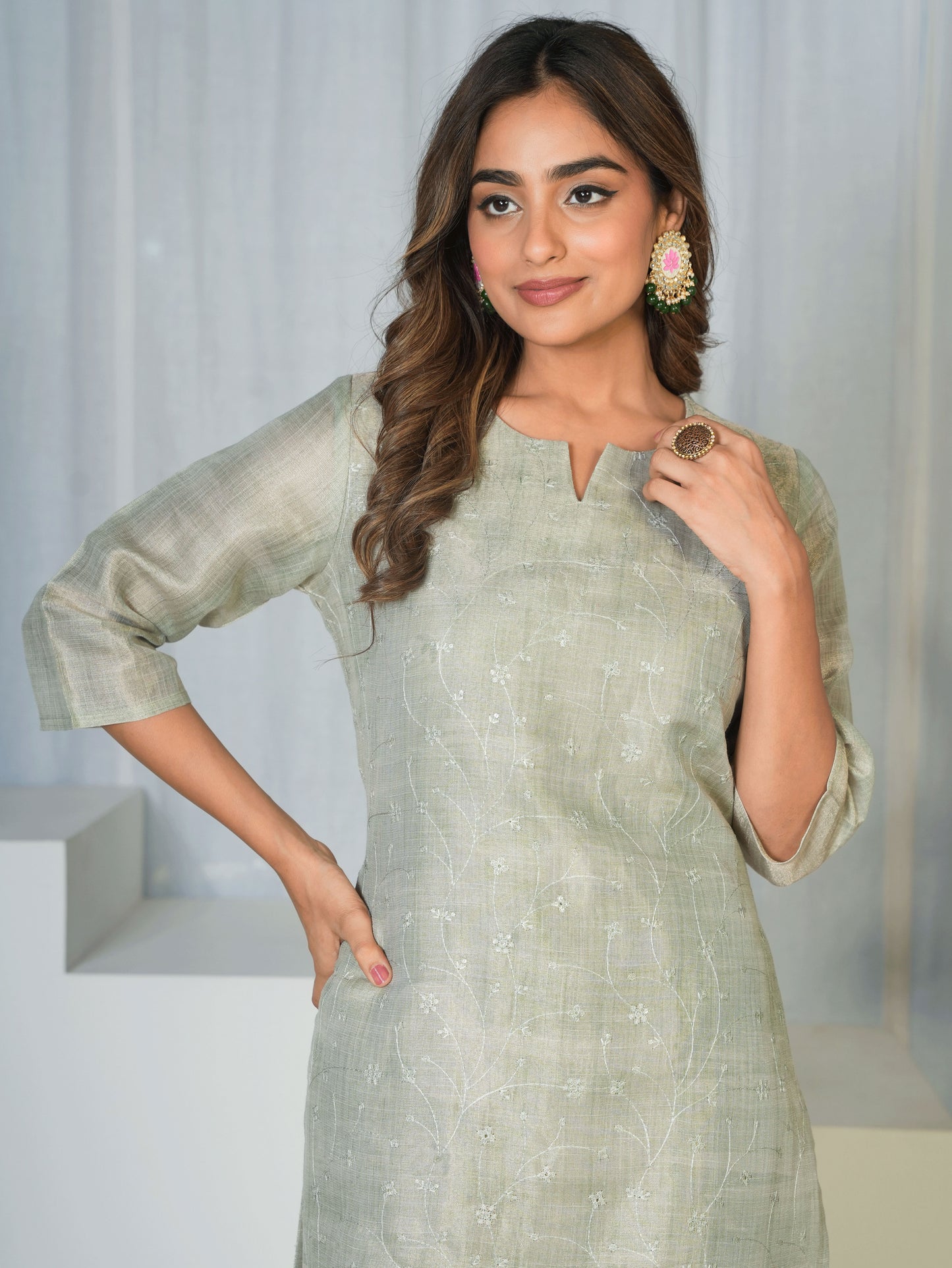 Chanderi Floral Straight Green Kurta
