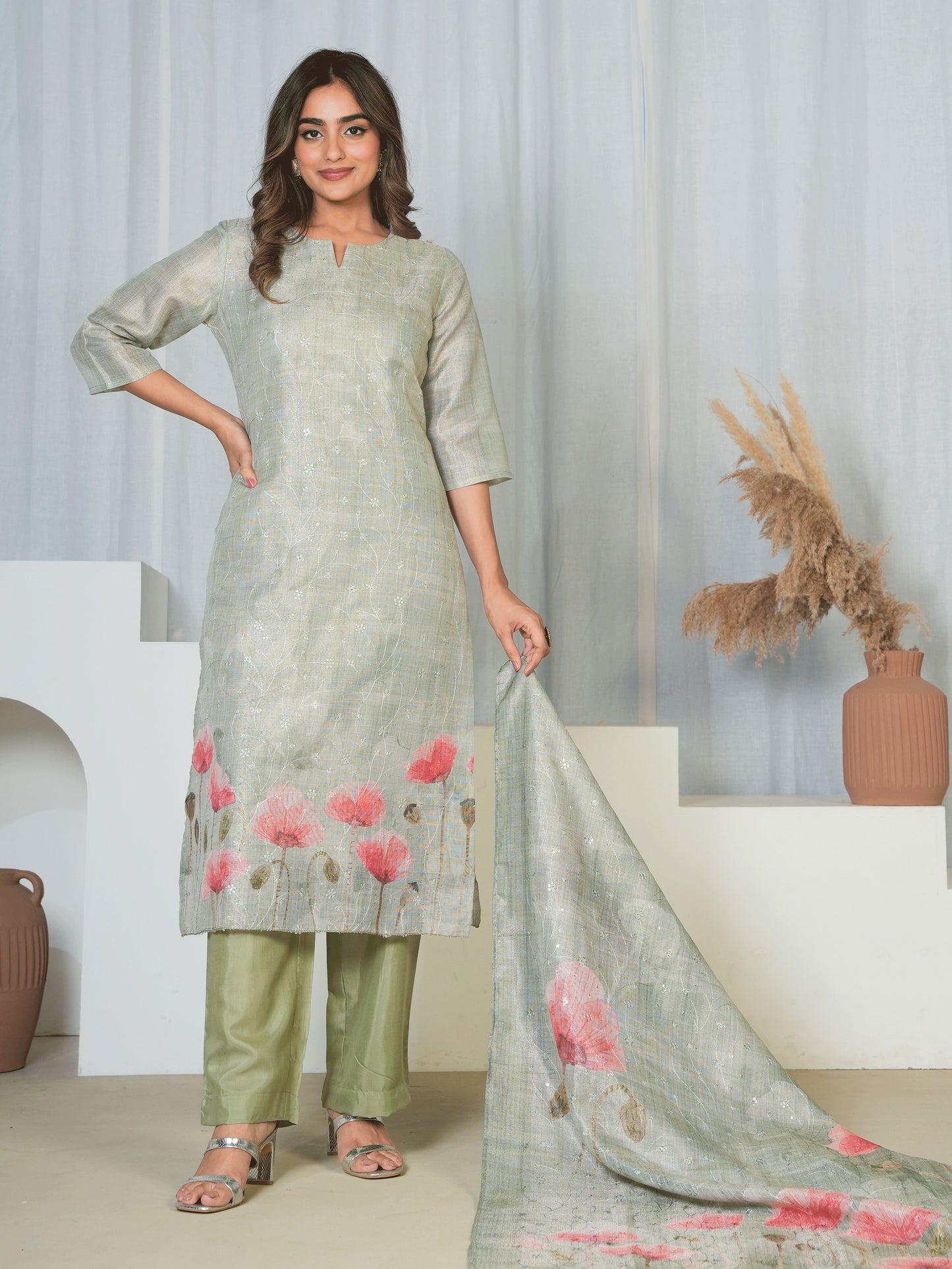 Chanderi Floral Straight Green Kurta