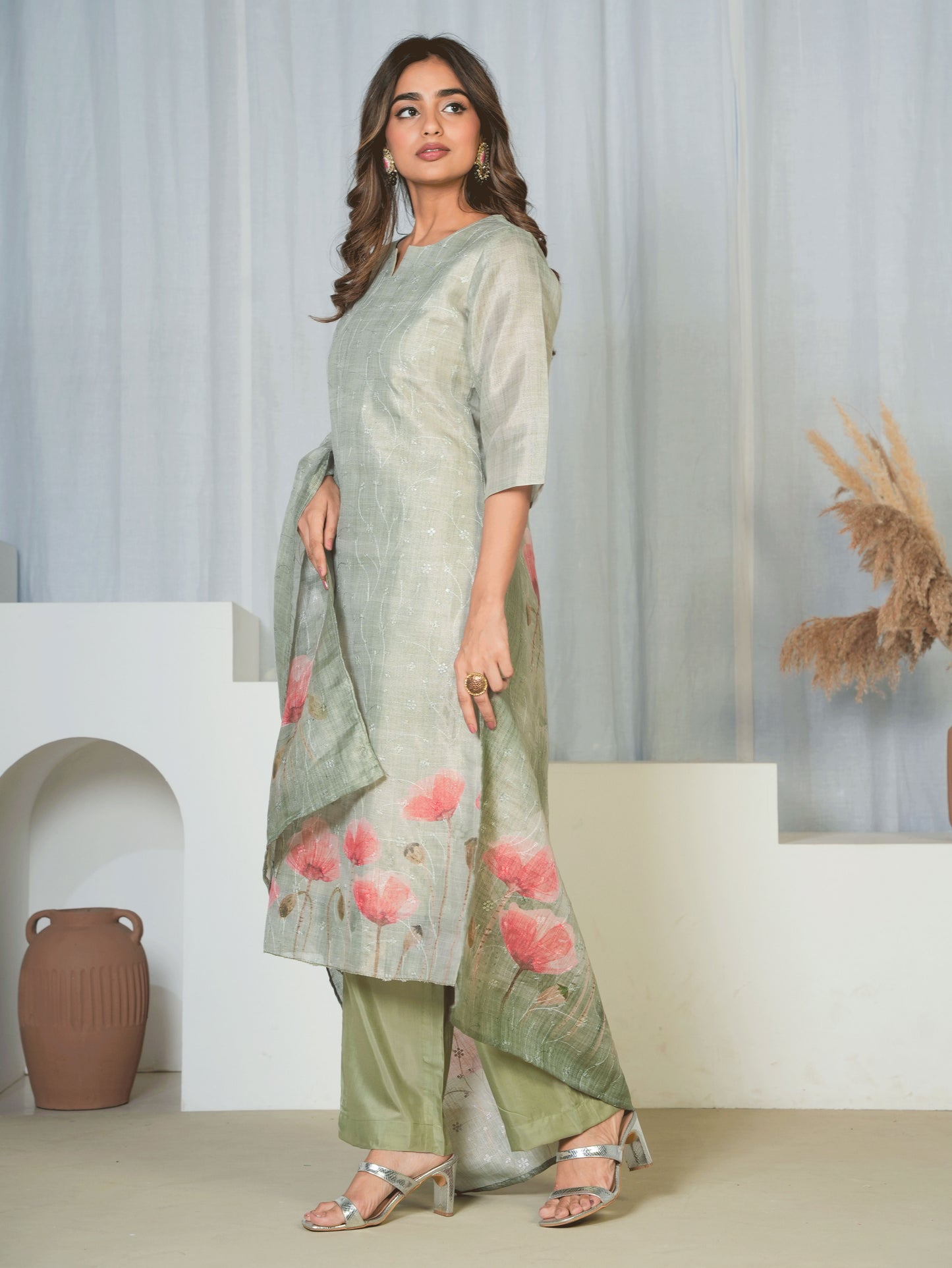 Chanderi Floral Straight Green Kurta