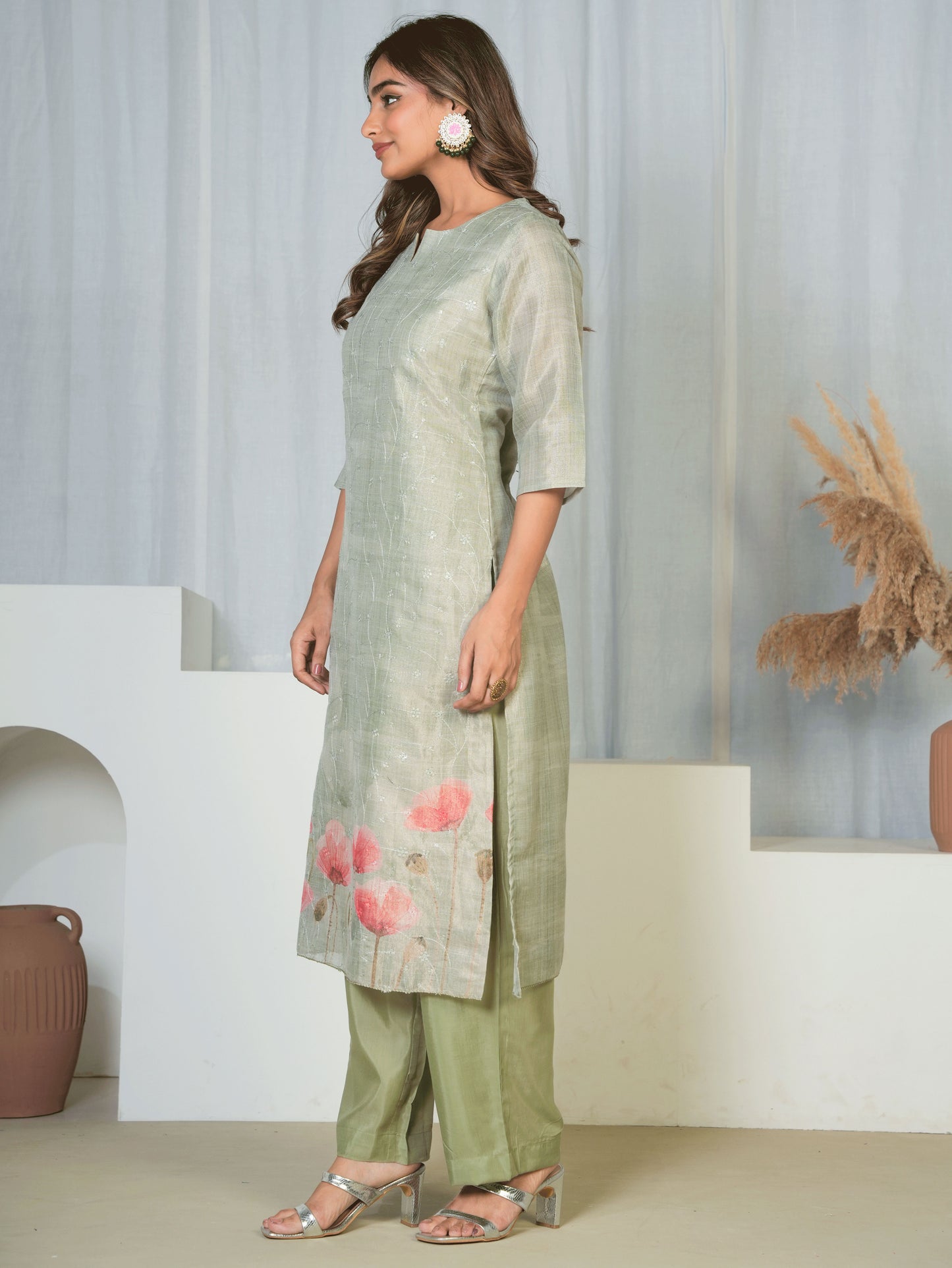 Chanderi Floral Straight Green Kurta