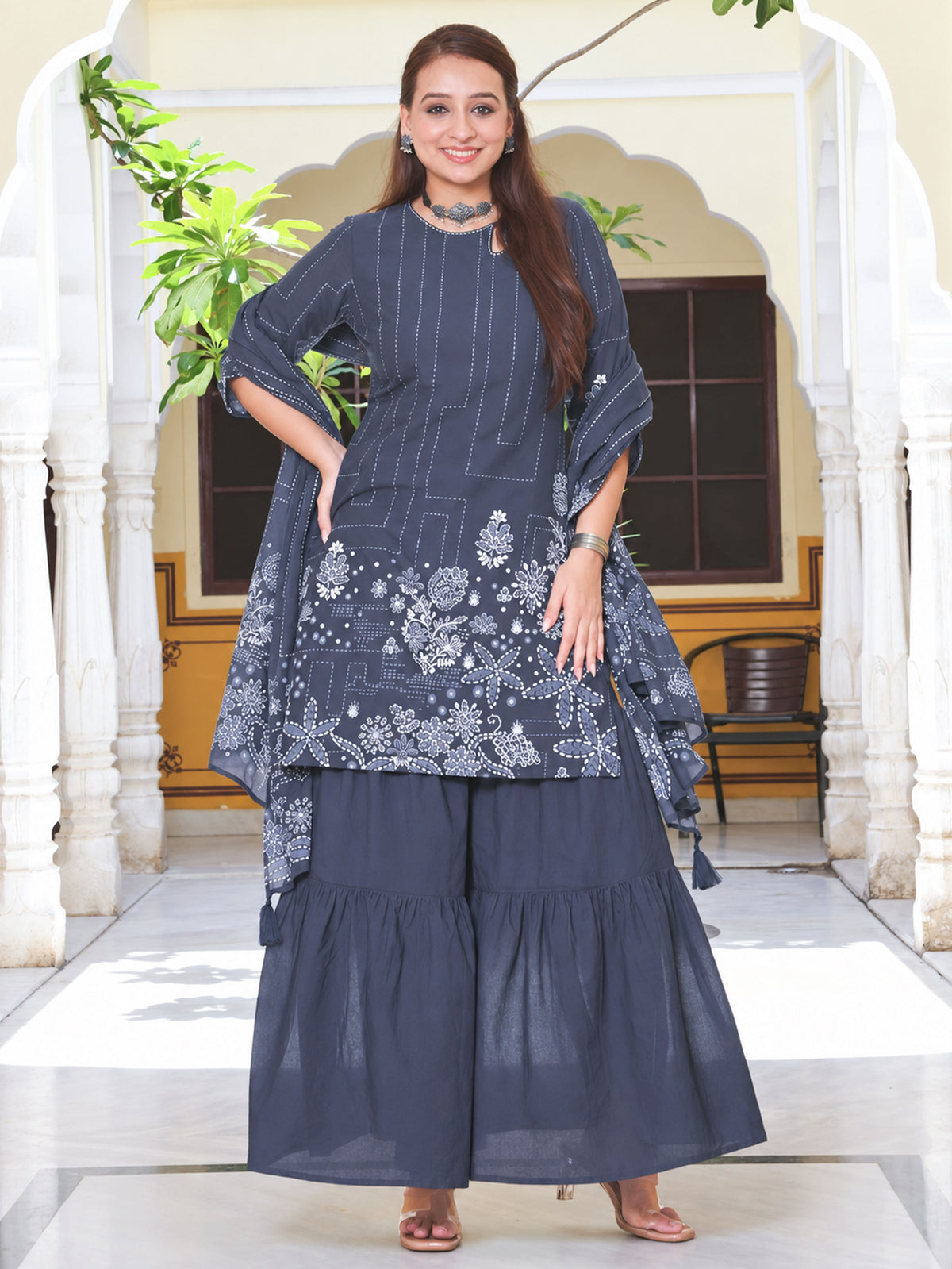 Cotton Voile Floral Blue Dupatta