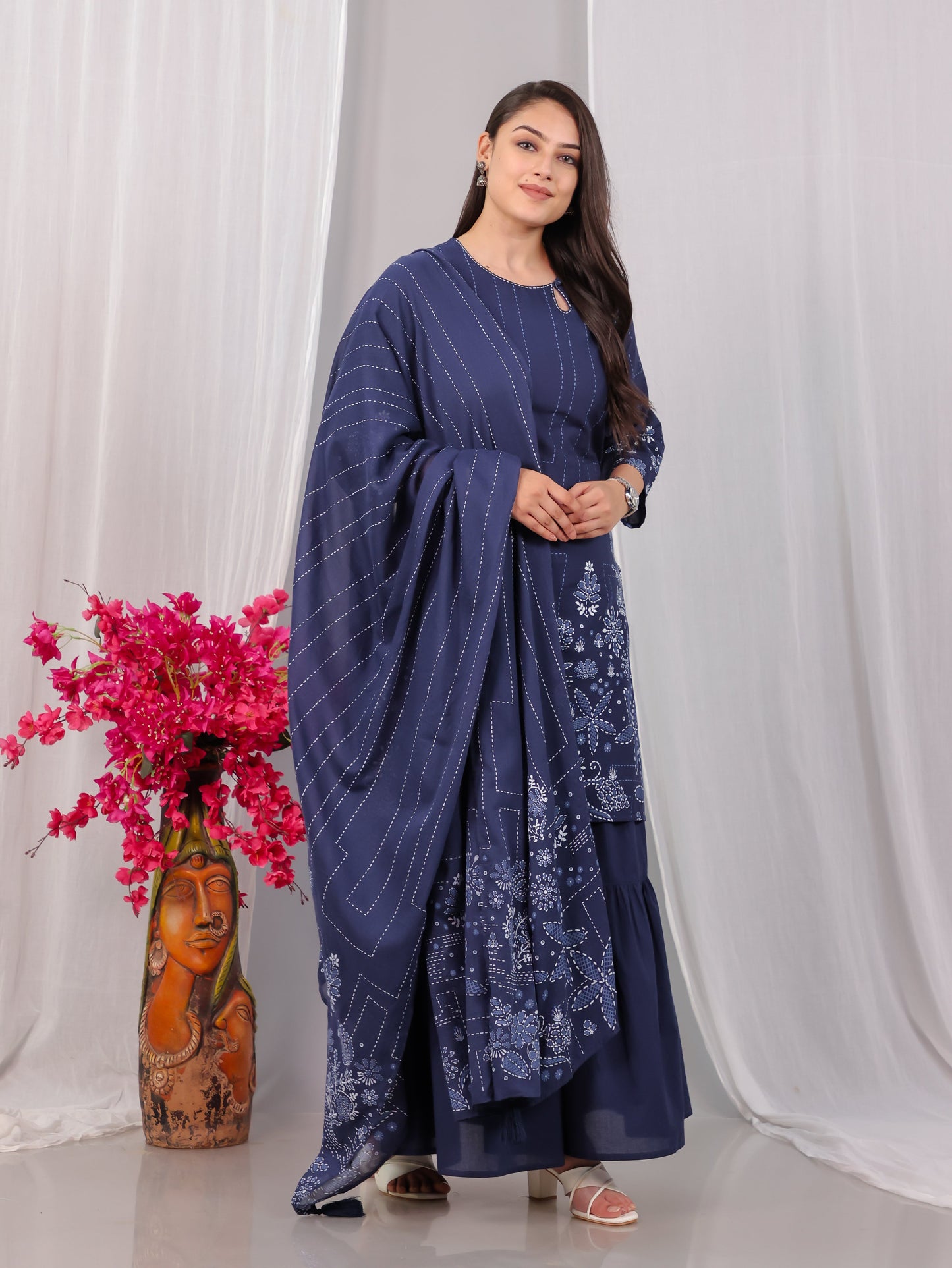 Cotton Voile Floral Blue Dupatta
