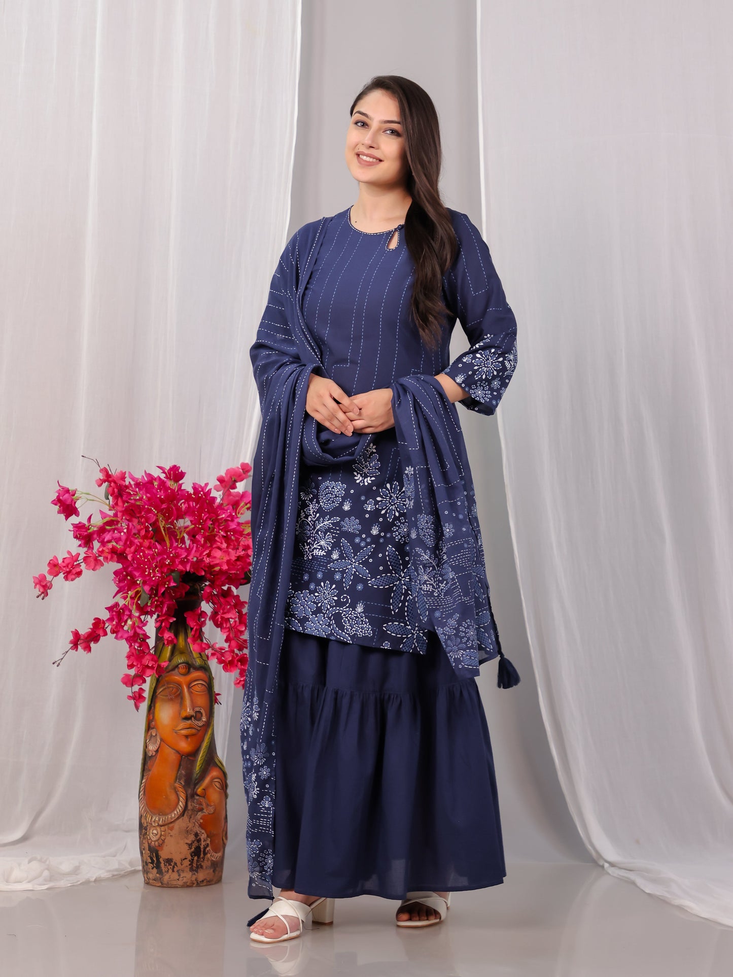 Cotton Voile Floral Blue Dupatta