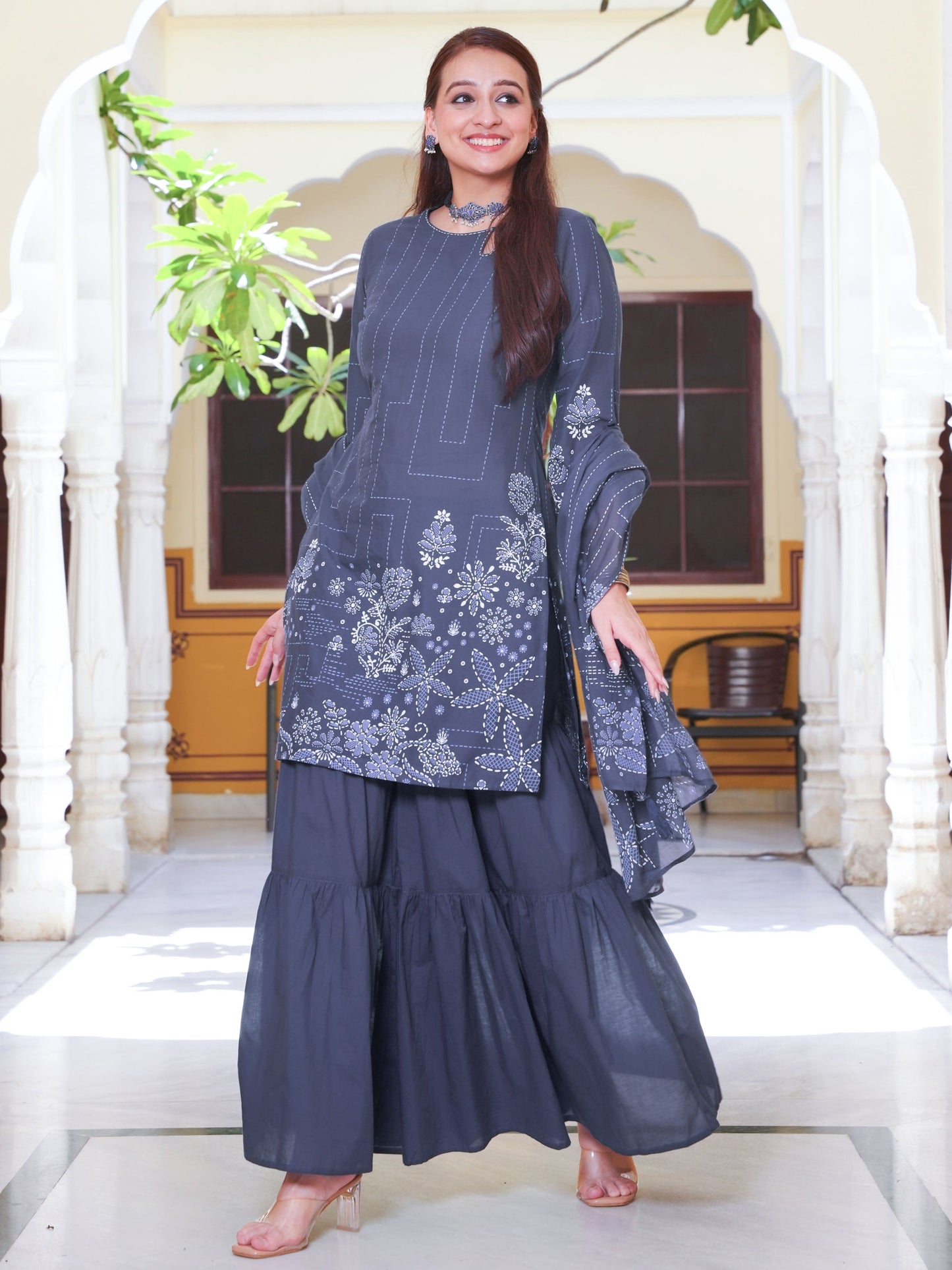 Embroidered Soft Cotton Placement Print Straight Blue Kurta