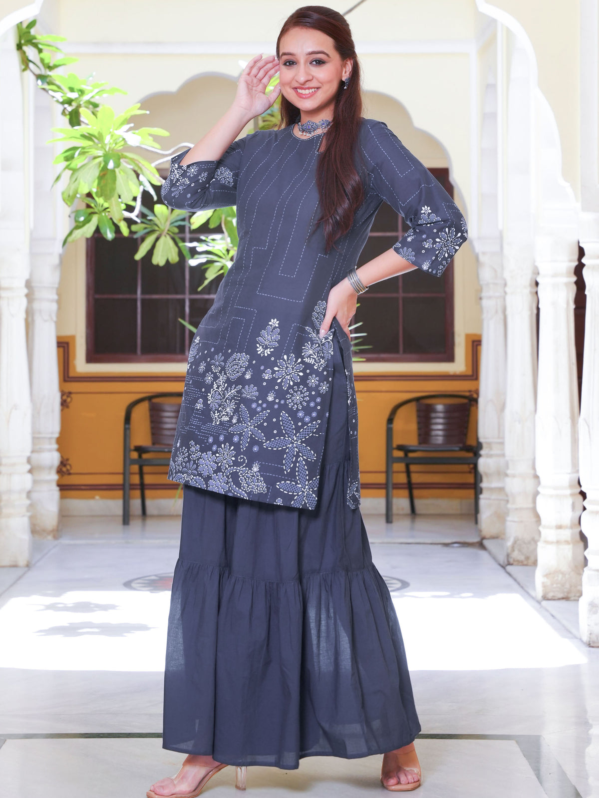 Embroidered Soft Cotton Placement Print Straight Blue Kurta