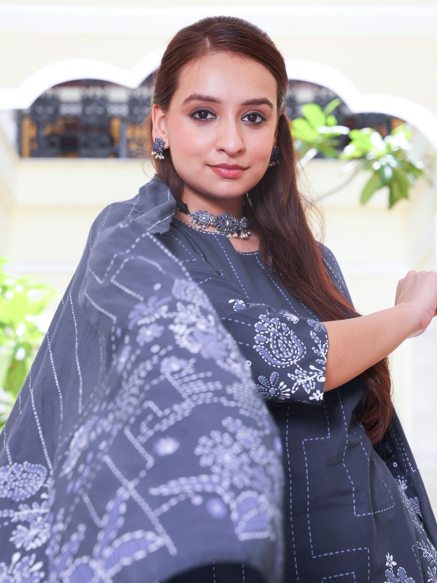 Embroidered Soft Cotton Placement Print Straight Blue Kurta