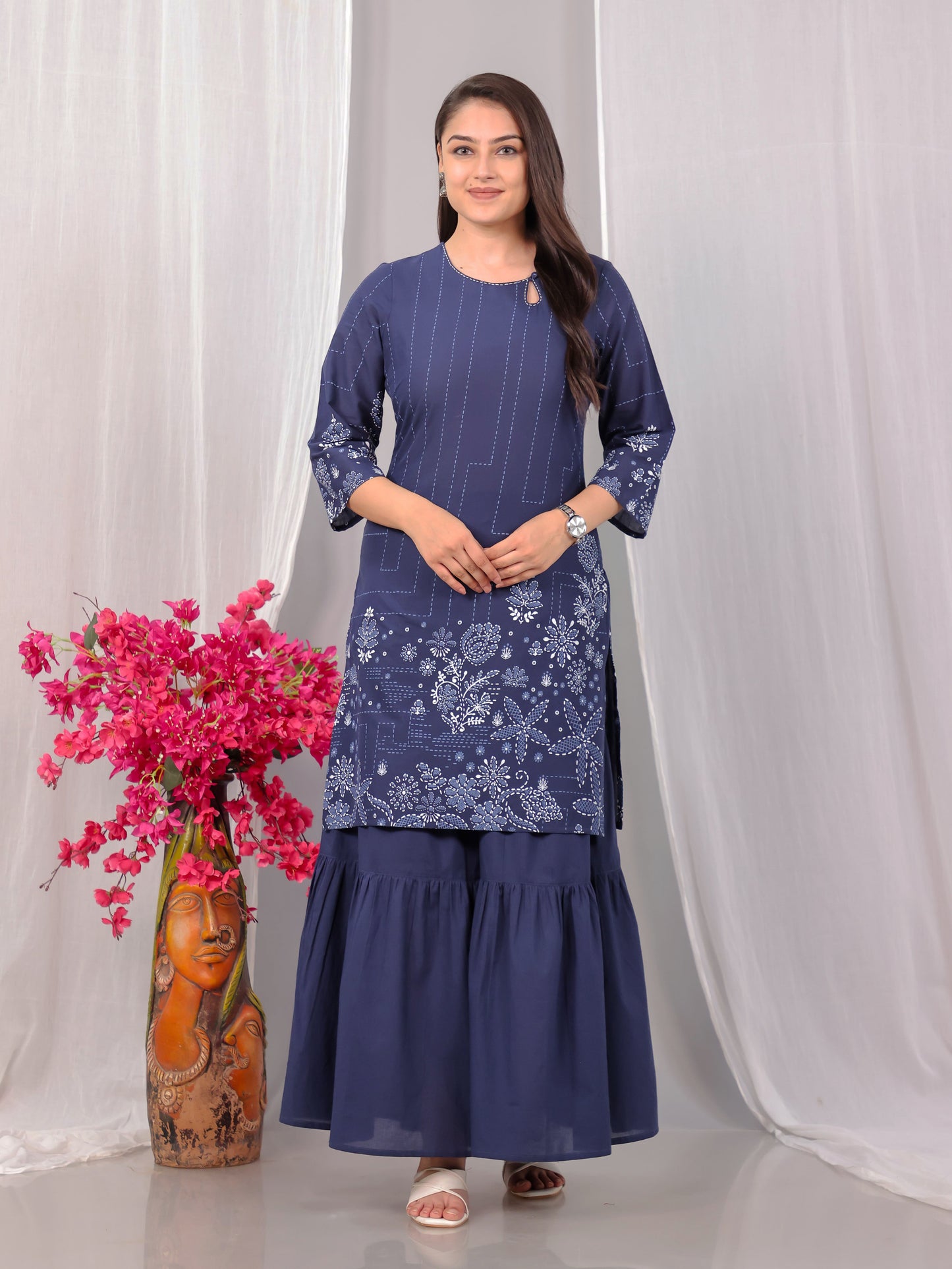 Embroidered Soft Cotton Placement Print Straight Blue Kurta