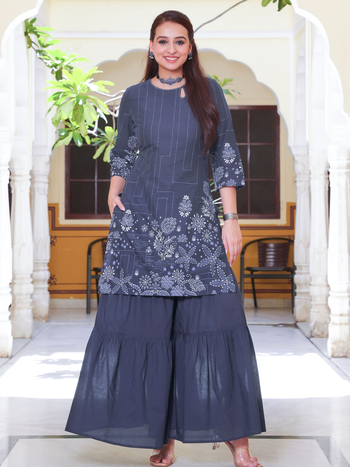 Embroidered Soft Cotton Placement Print Straight Blue Kurta